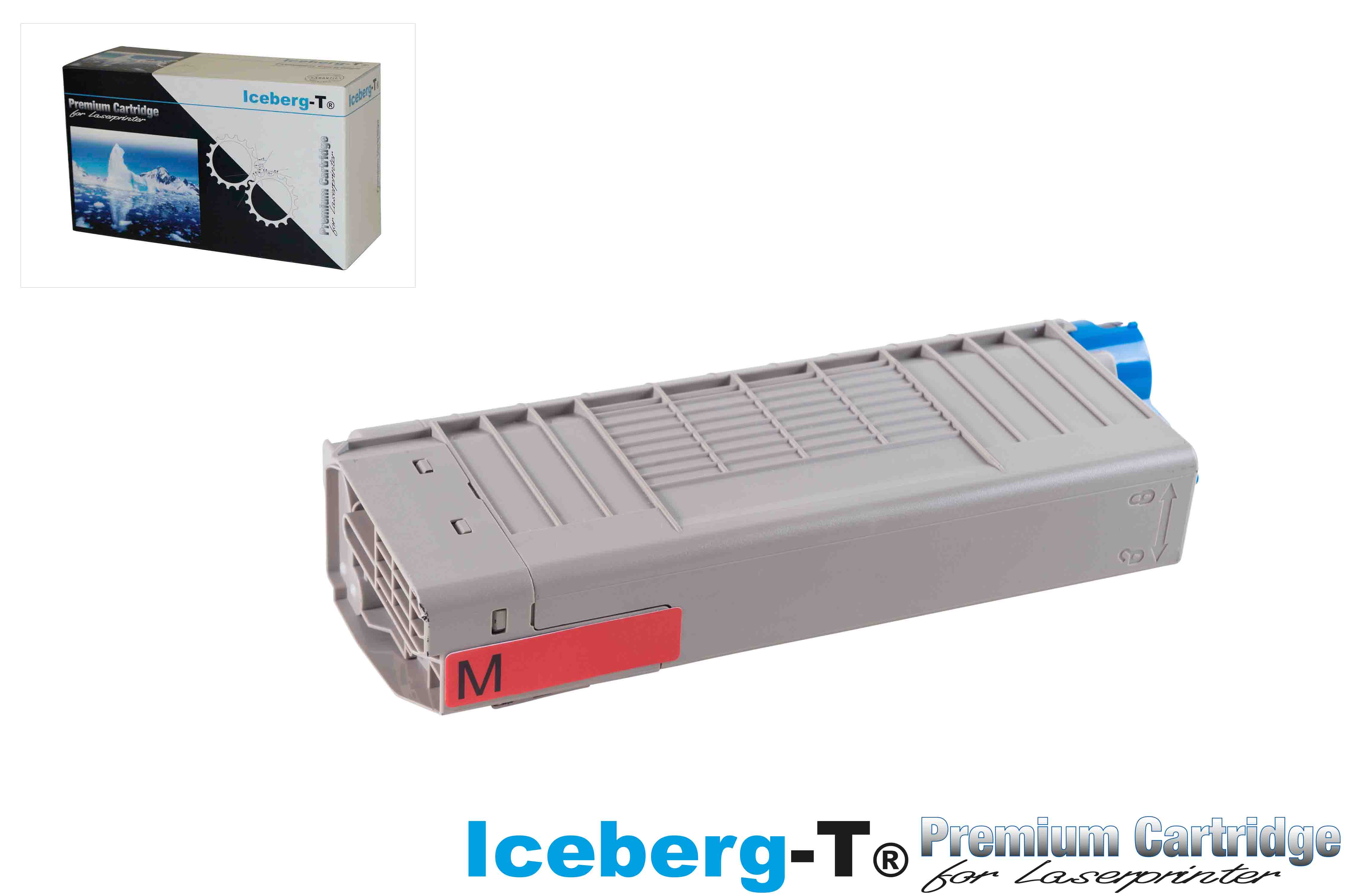 Grauer Laserdrucker-Toner, Modell M, mit blauer Kappe und rotem Etikett.