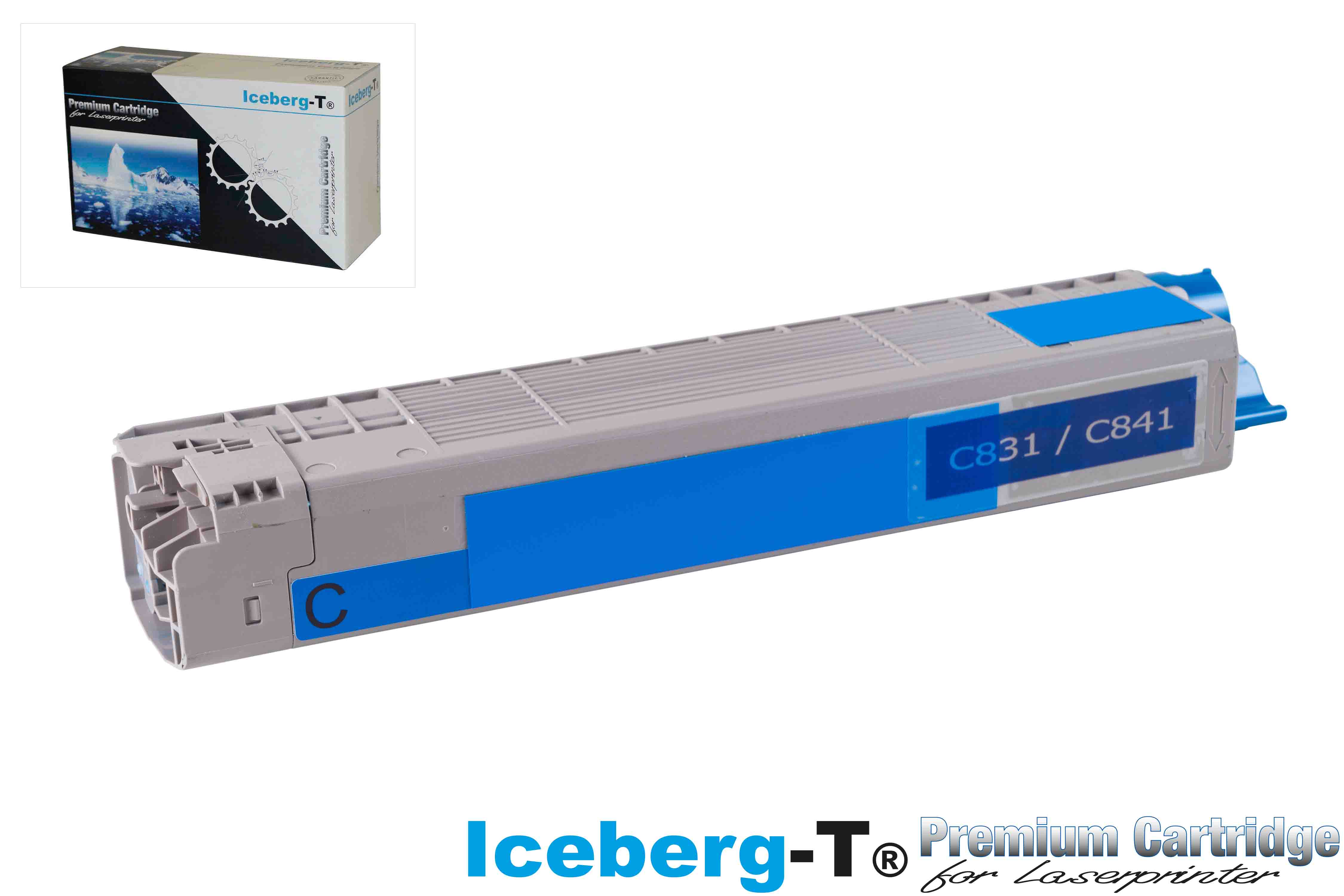 Ein grauer Tonerkartusche mit blauen Akzenten und der Beschriftung C831/C841.