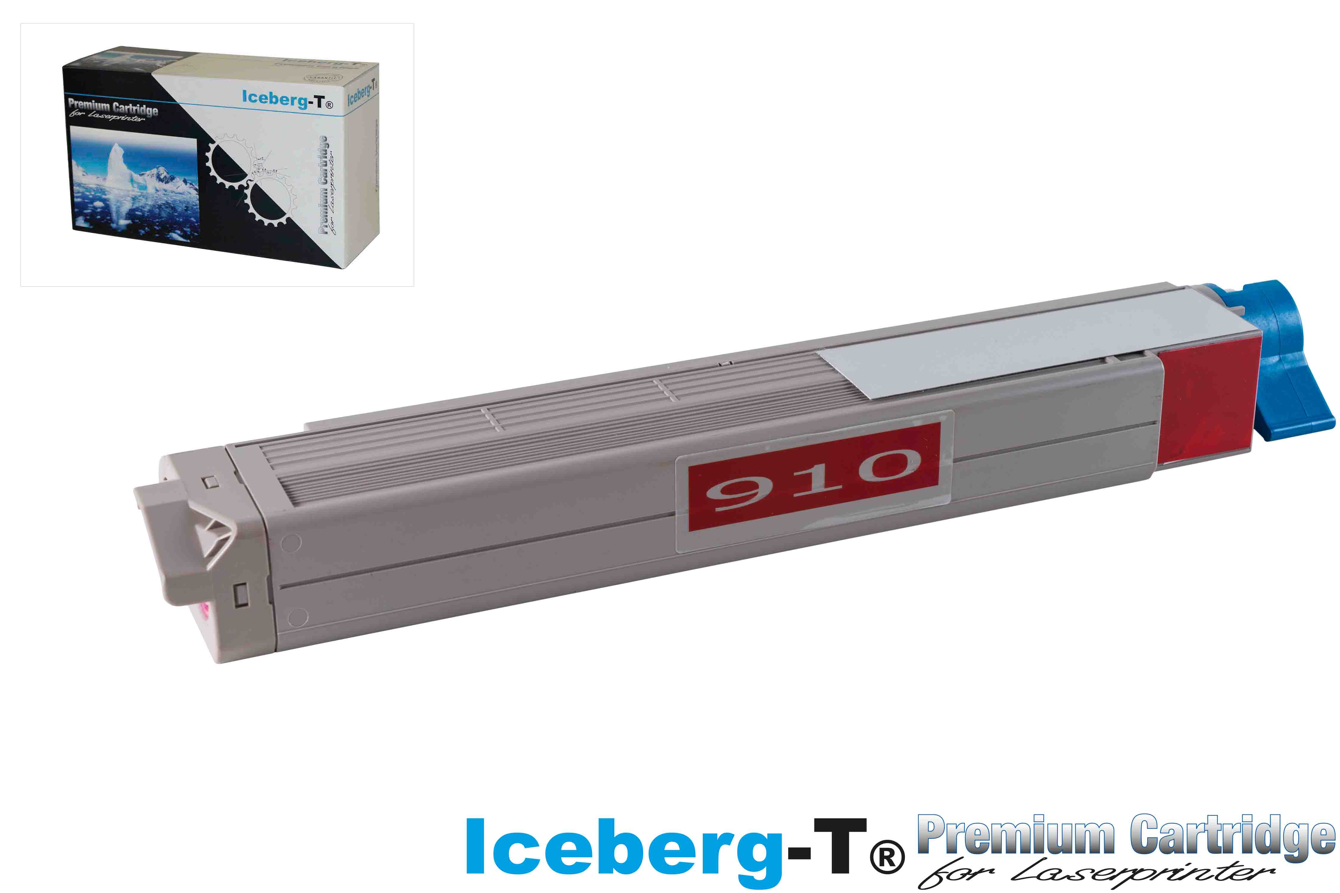 Cartouche grise pour imprimante laser avec capuchon bleu et accent rouge. Marquée "910".