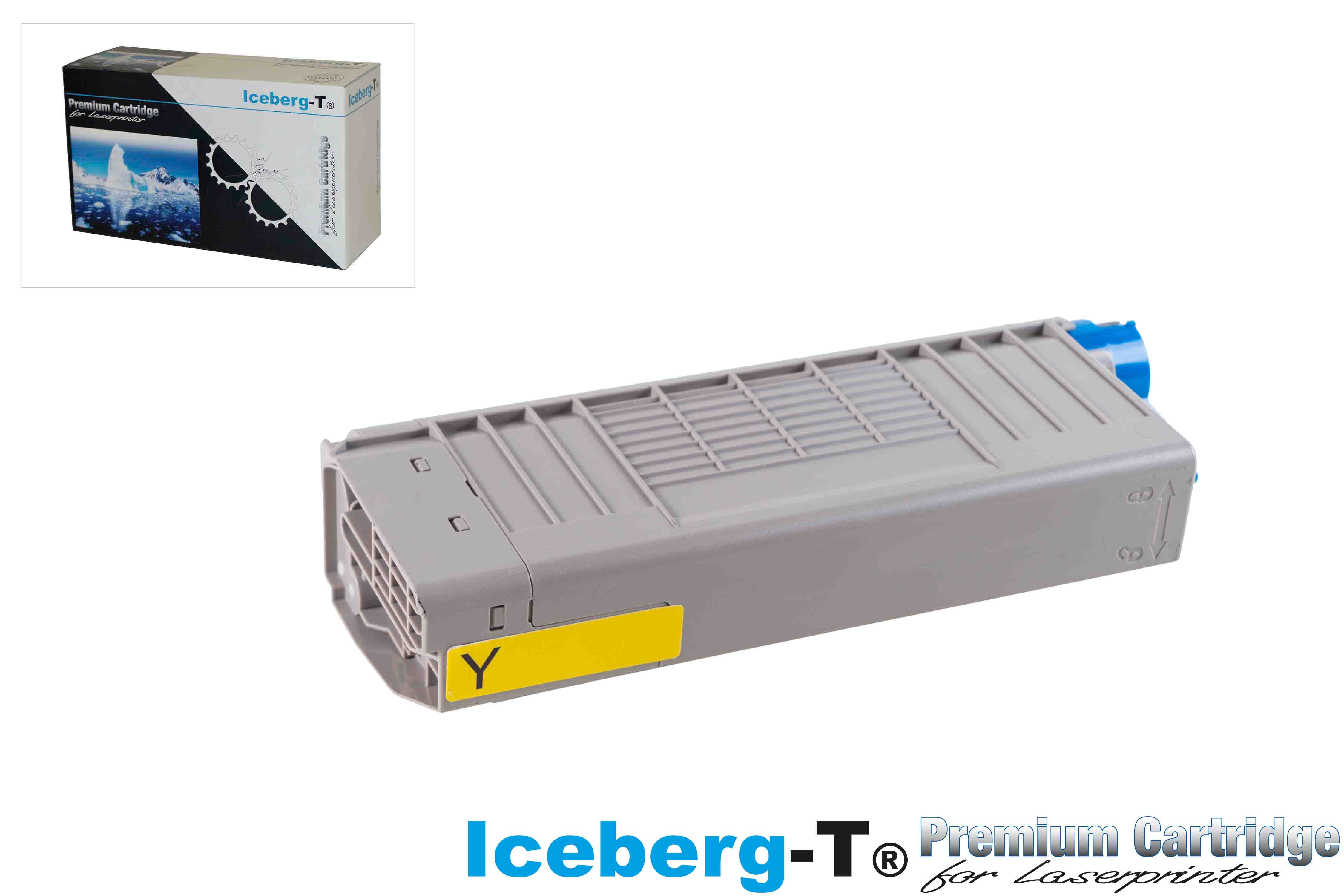 Grauer Laserdrucker-Kartusche mit gelbem "Y"-Aufkleber und blauen Akzenten.