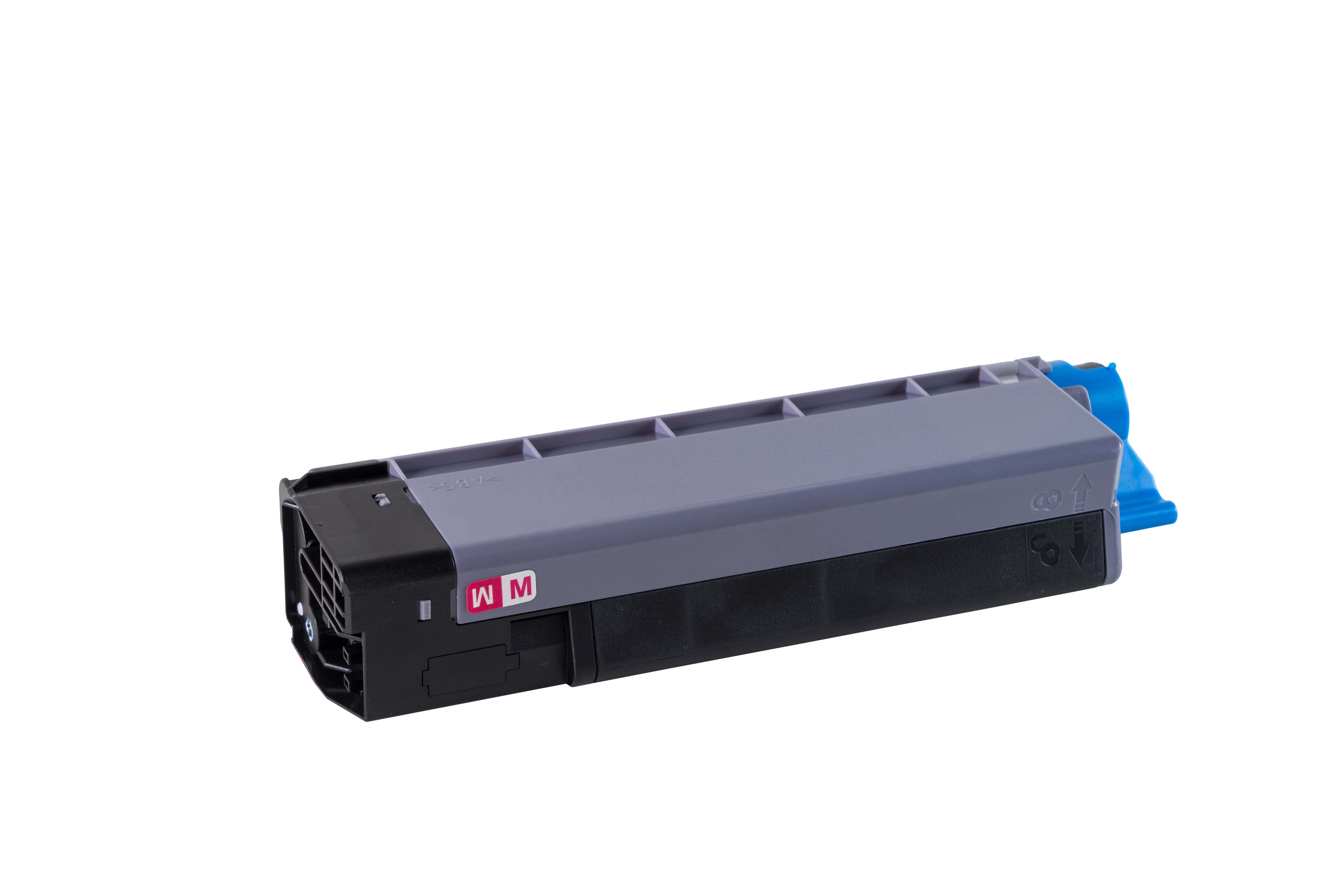 Partie de cartouche de toner grise et noire avec accents bleus et logo WM.