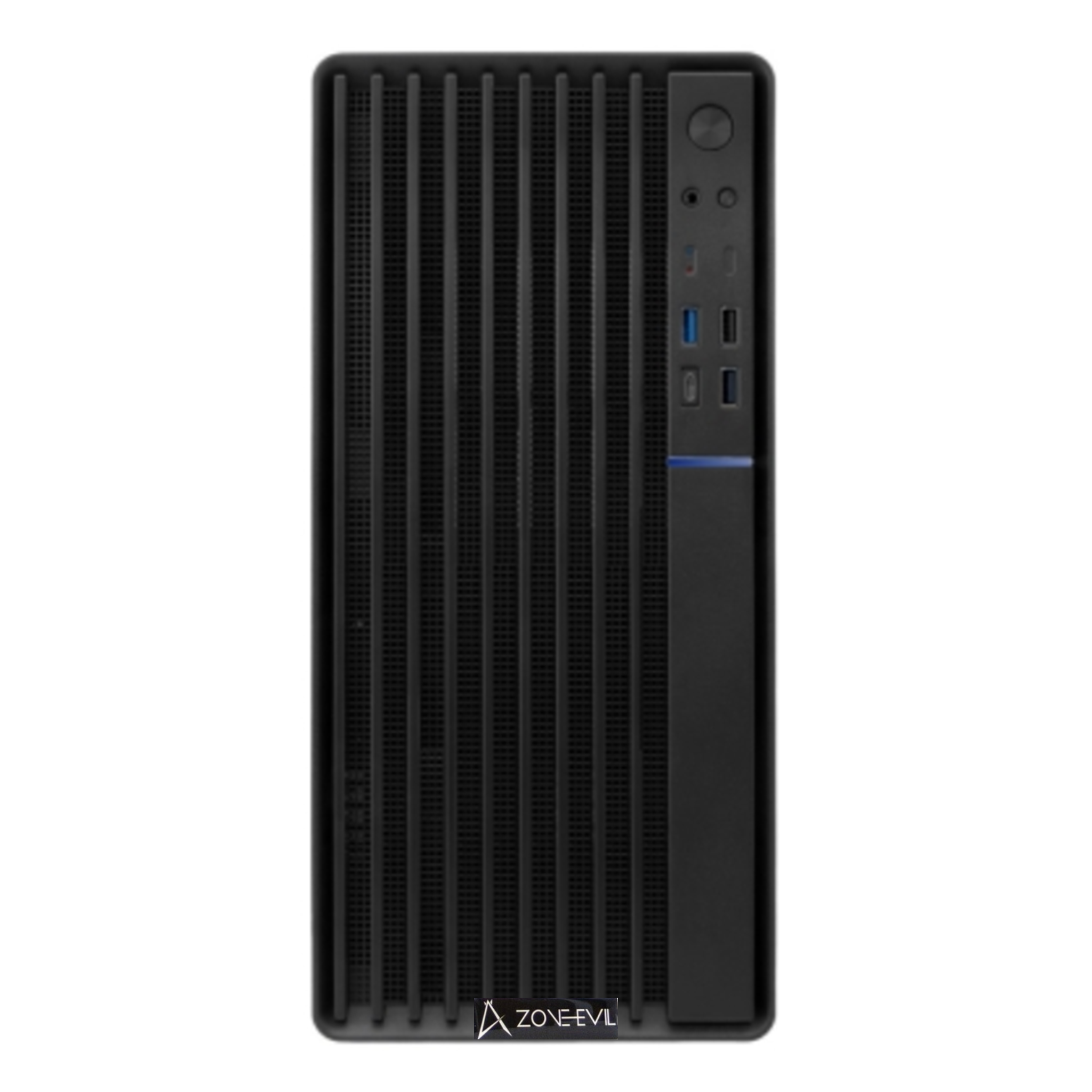Torre de PC negra con rejillas de ventilación verticales y puertos.