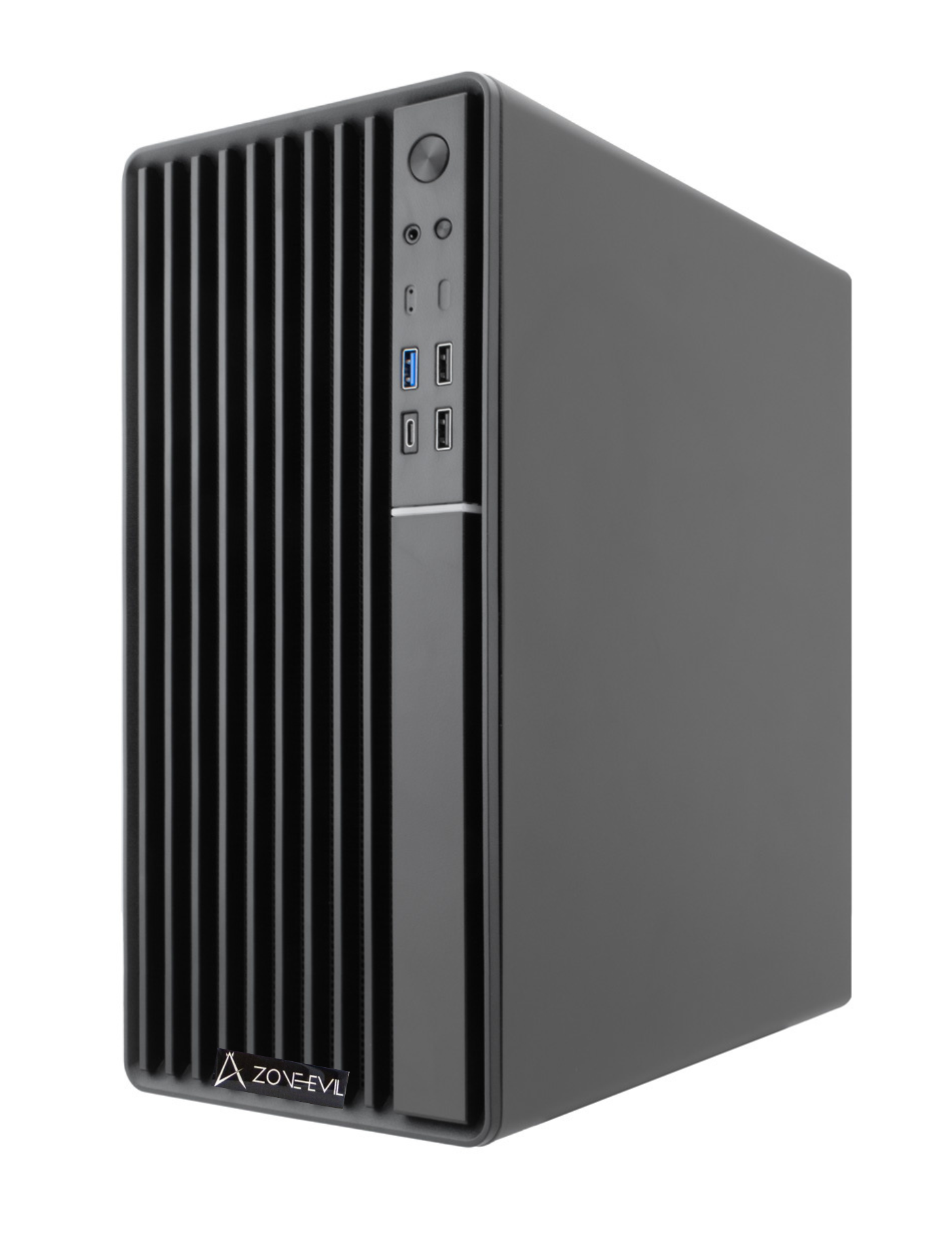 Caja de ordenador negra con rejillas verticales y puertos USB frontales. Logo abajo a la izquierda.