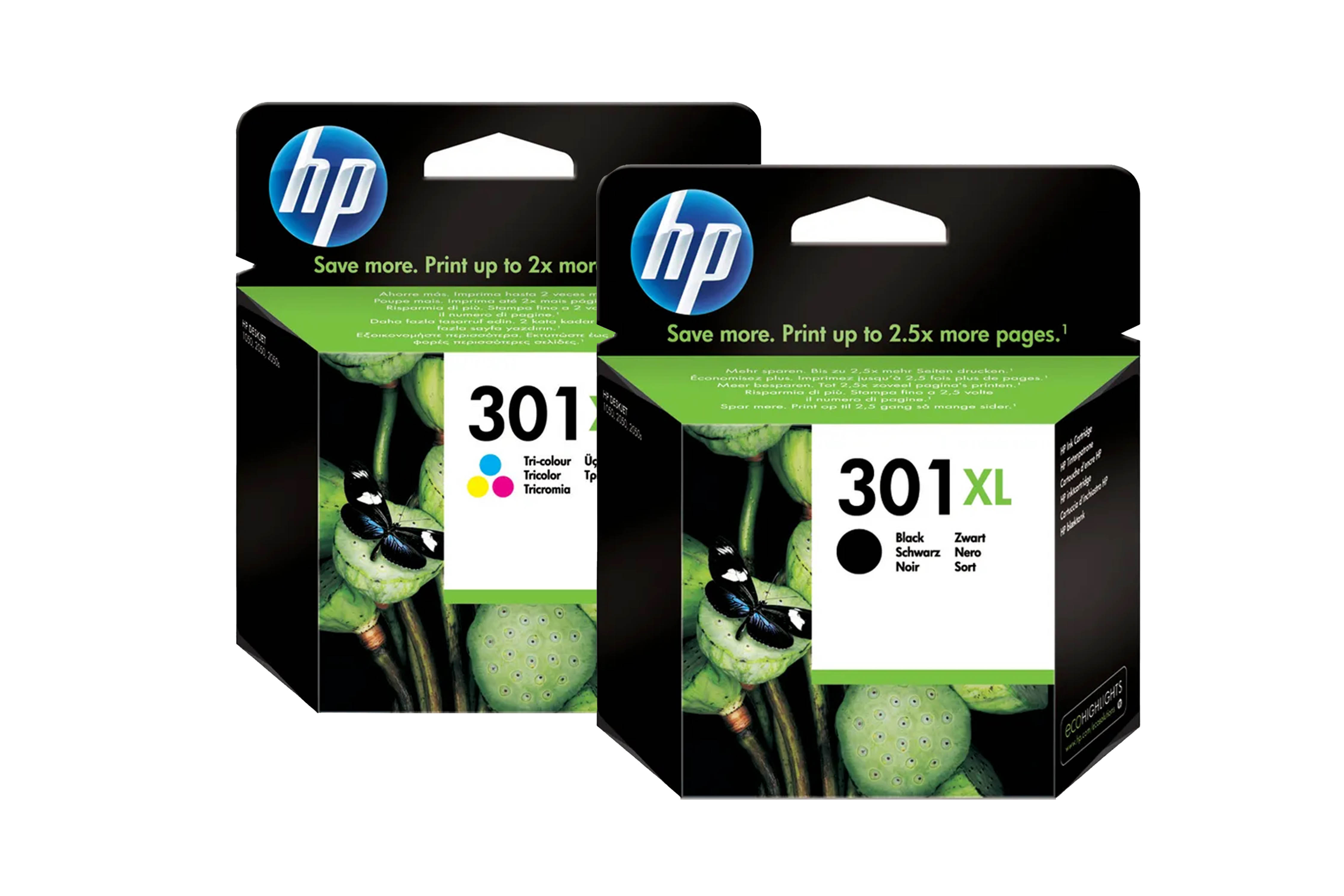 Zwei HP 301XL Tintenpatronen verpackt, mit Schmetterling auf Lotus.