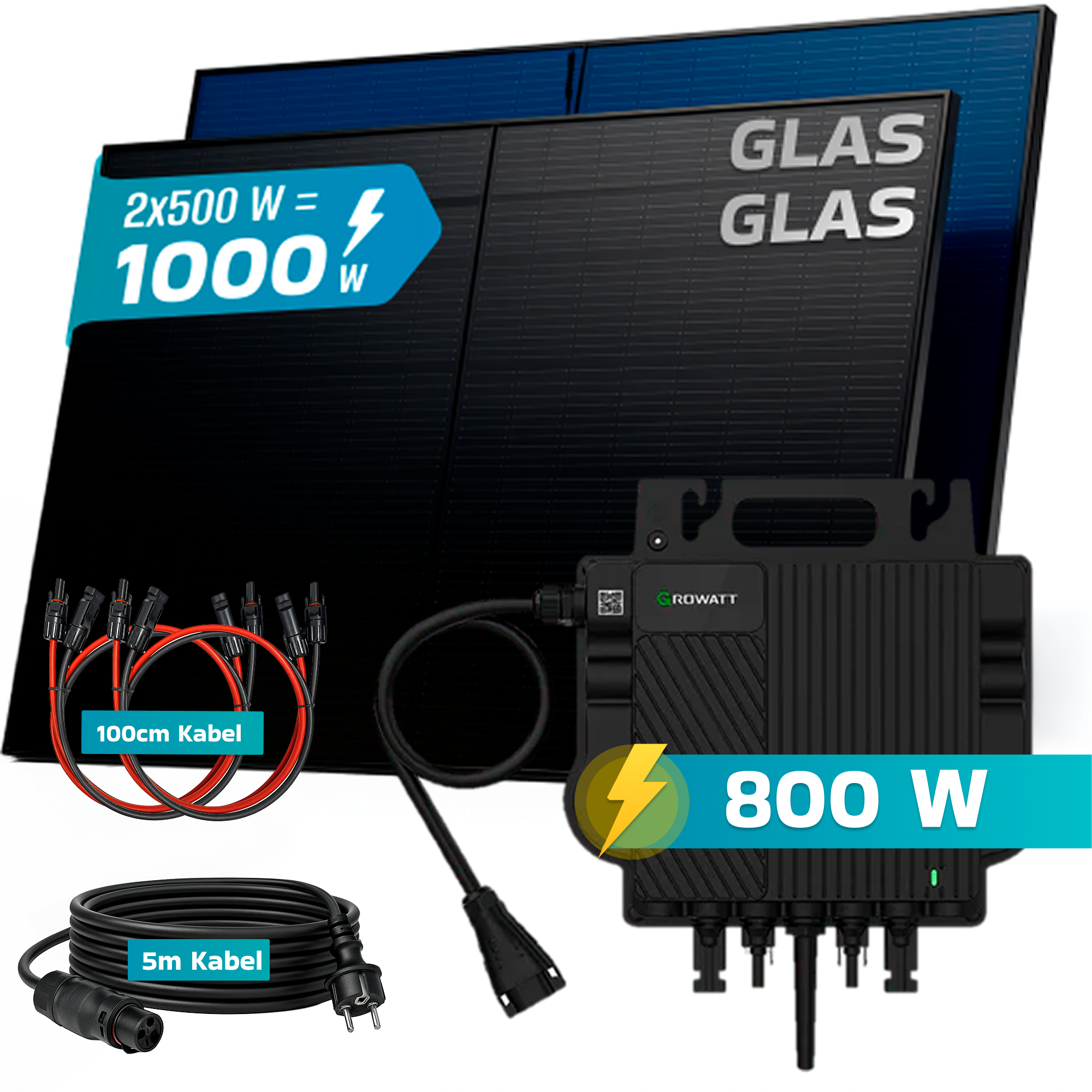 Solarmodule mit Wechselrichter, Kabeln und Netzstecker.