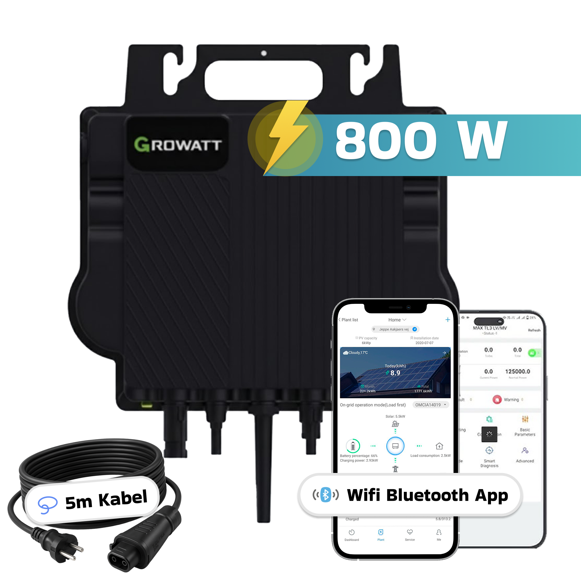 Ein schwarzer Growatt Wechselrichter mit einem Kabel und zwei Smartphones, die Solar-Apps anzeigen.