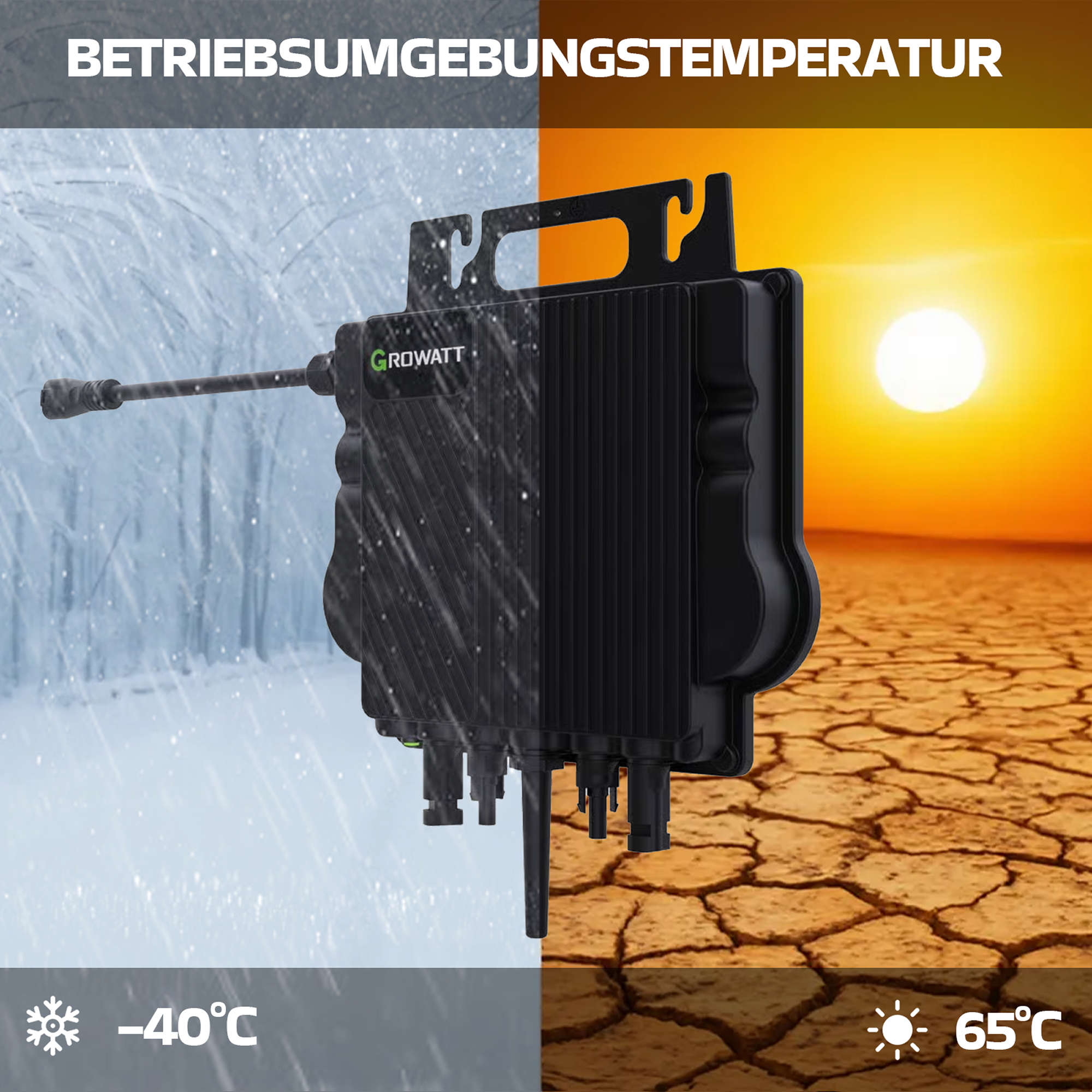 Ein schwarzes Gerät bei Schnee (-40°C) und bei Sonnenschein (65°C).