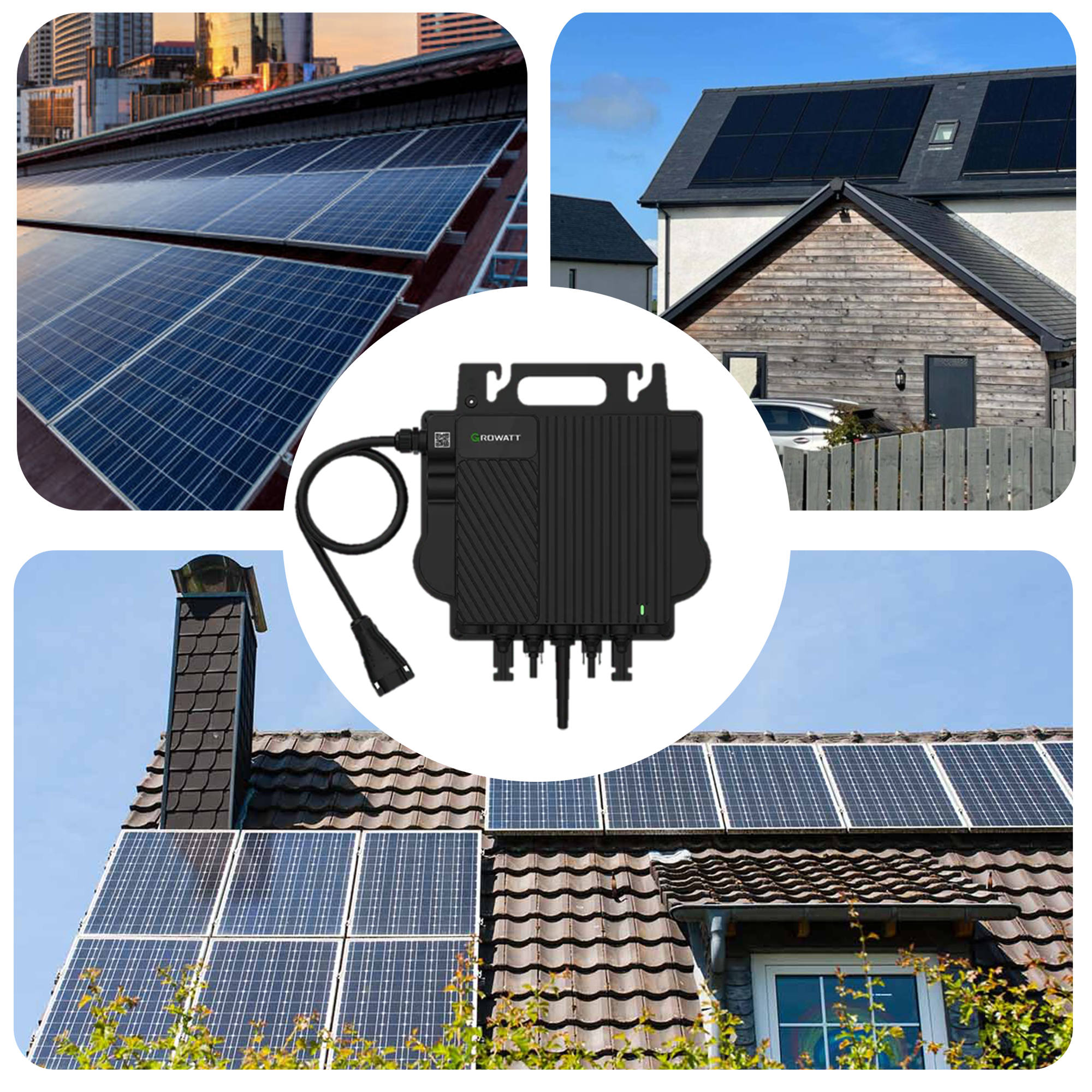 Ein Rovator für Solaranlagen, Häuser mit Solarmodulen und Stadtansicht.