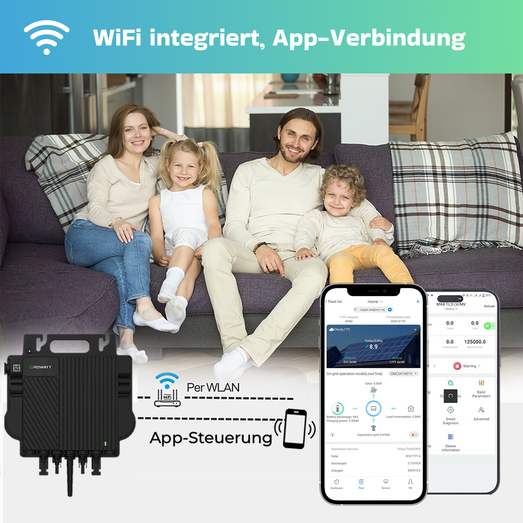 Familie auf Sofa, Growatt-Gerät, zwei Smartphones zeigen Solar-App-Daten.