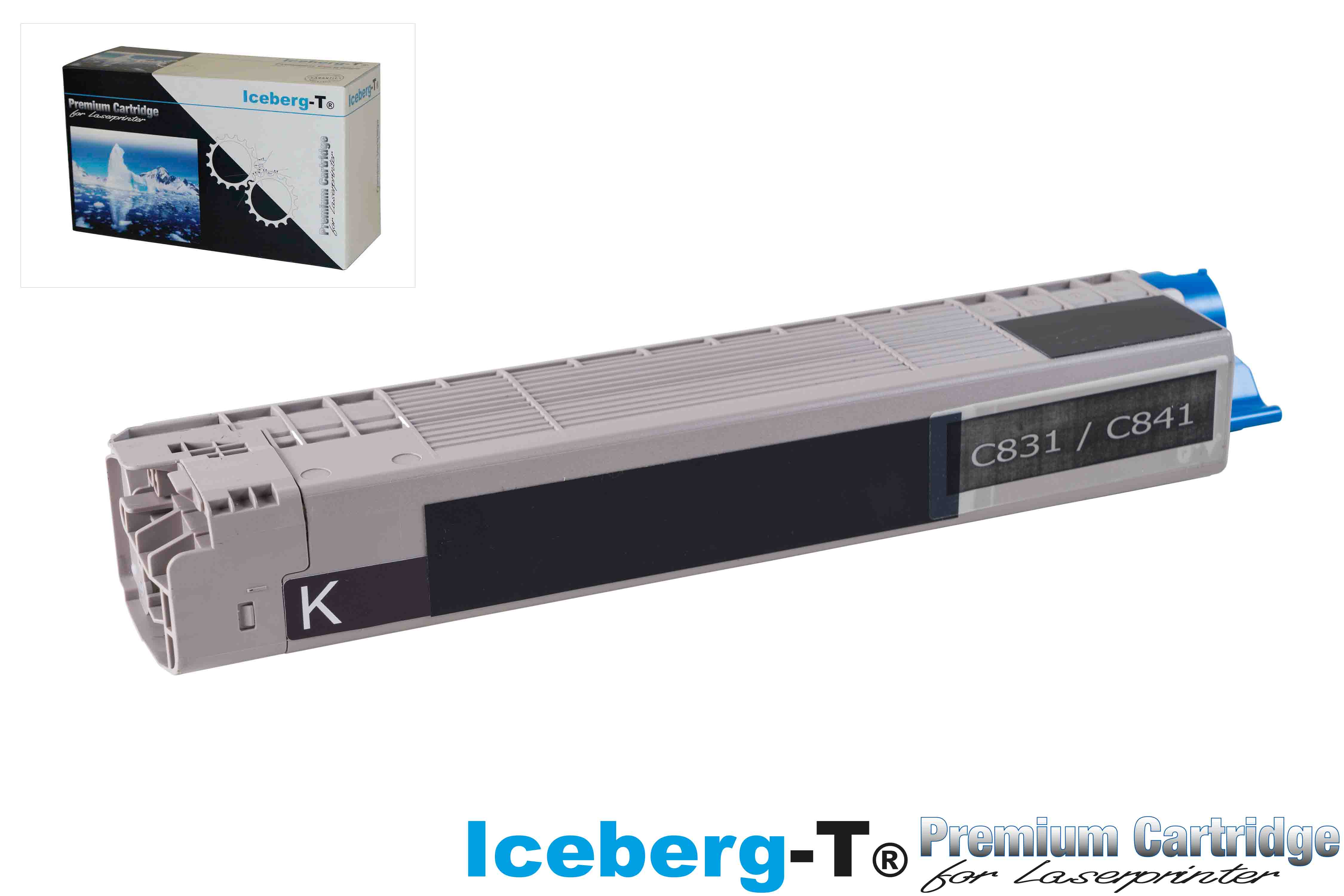 Eine graue Tonerkartusche mit blauen Akzenten und der Aufschrift C831 / C841.