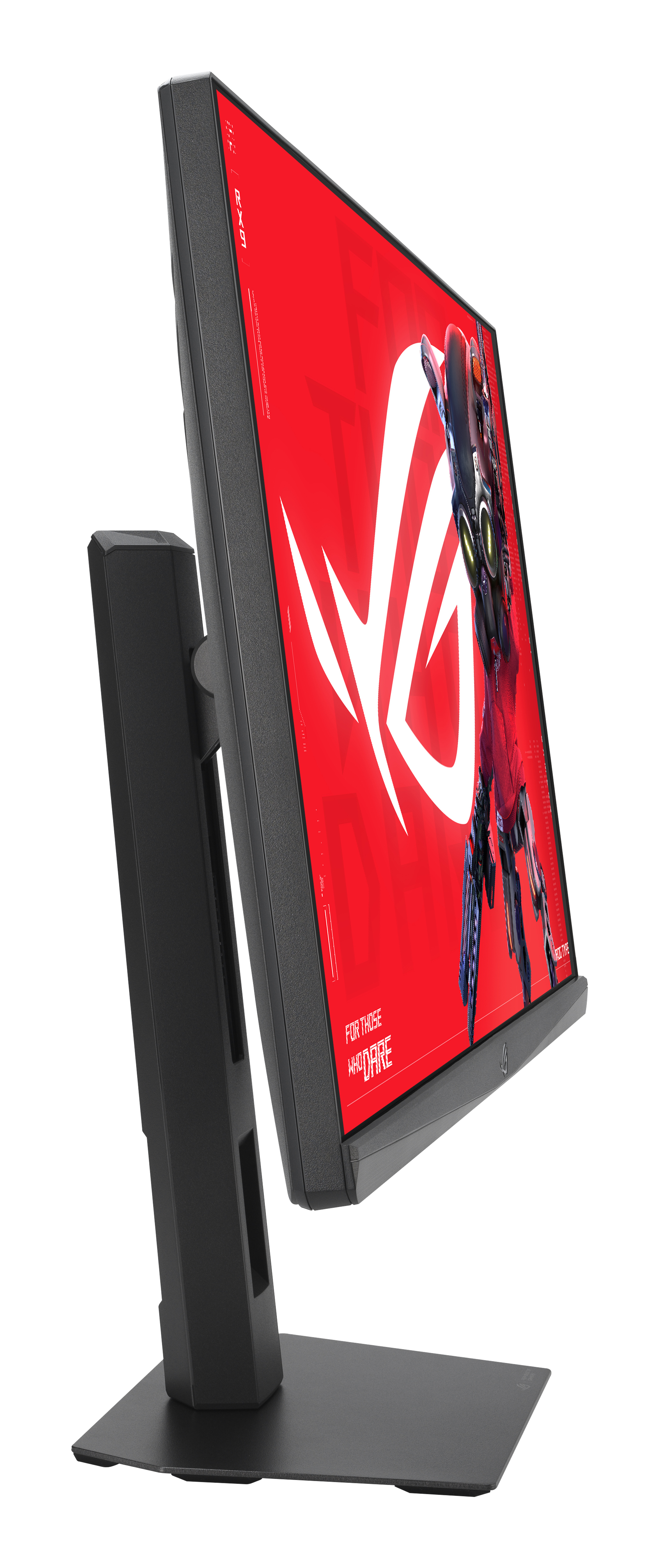 Een zwarte monitor met rode achtergrond en wit ROG-logo.