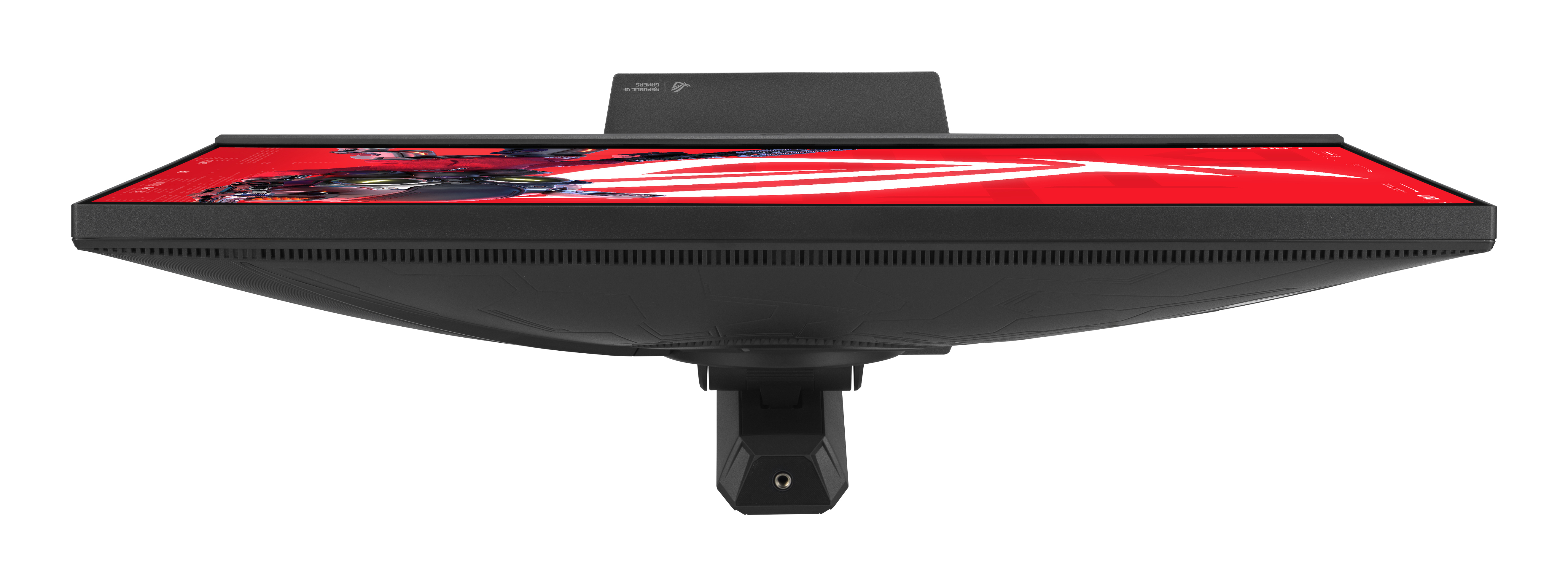 Zwarte monitor met rood design en game-motief. Witte accenten.