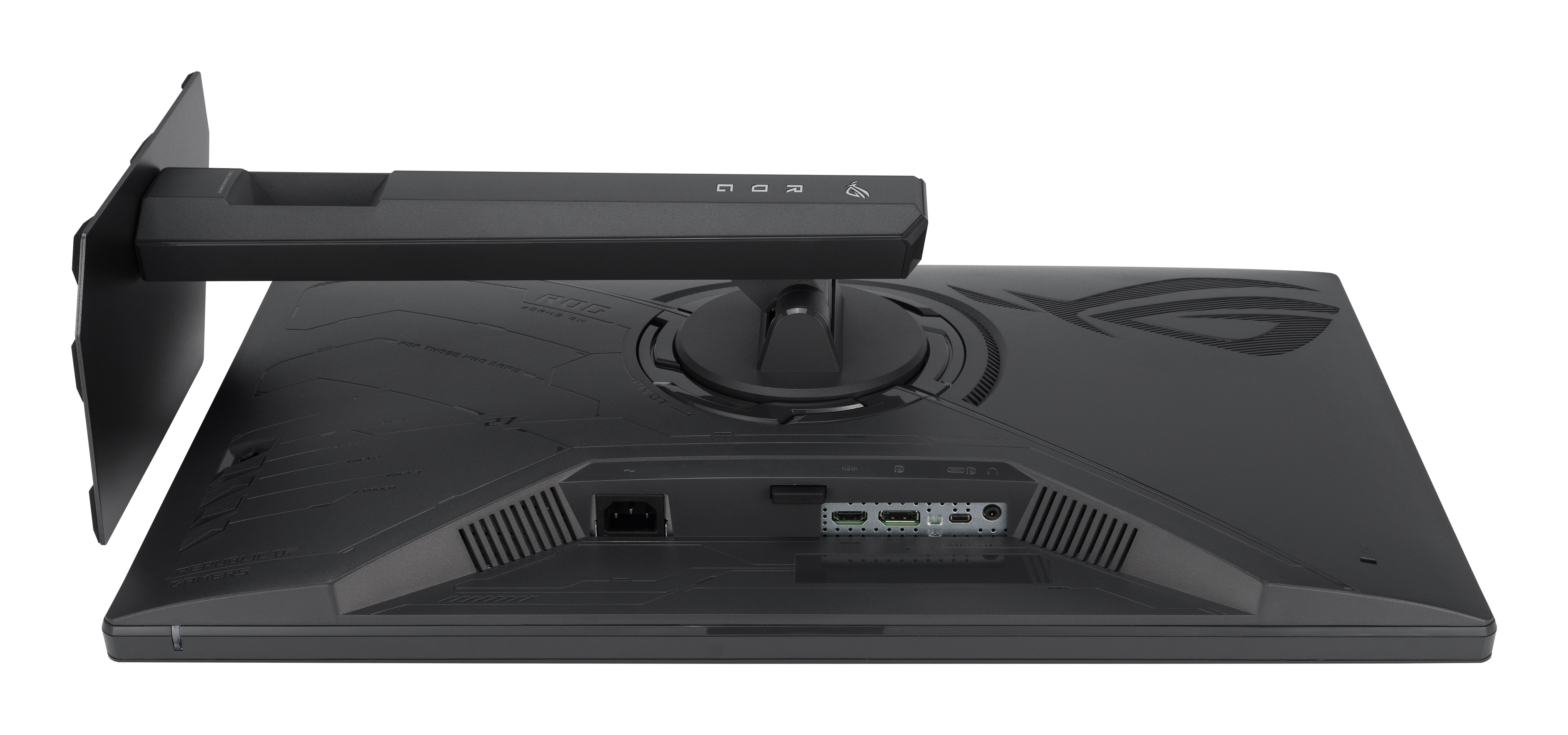Achterkant van een zwarte monitor met poorten en standaard. ROG-logo zichtbaar.