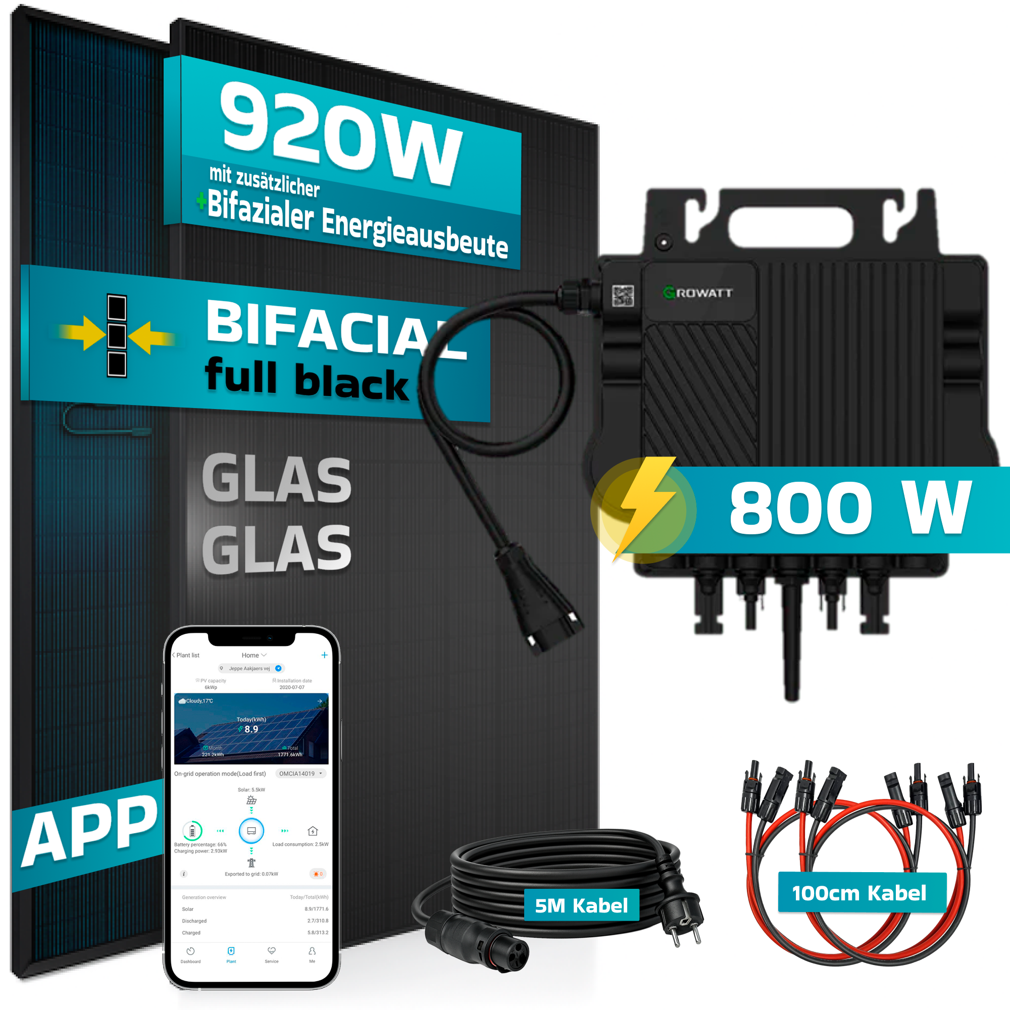 Solaranlage mit Wechselrichter, Kabeln und App-Anzeige. 920W, 800W, 5M und 100cm Kabel.