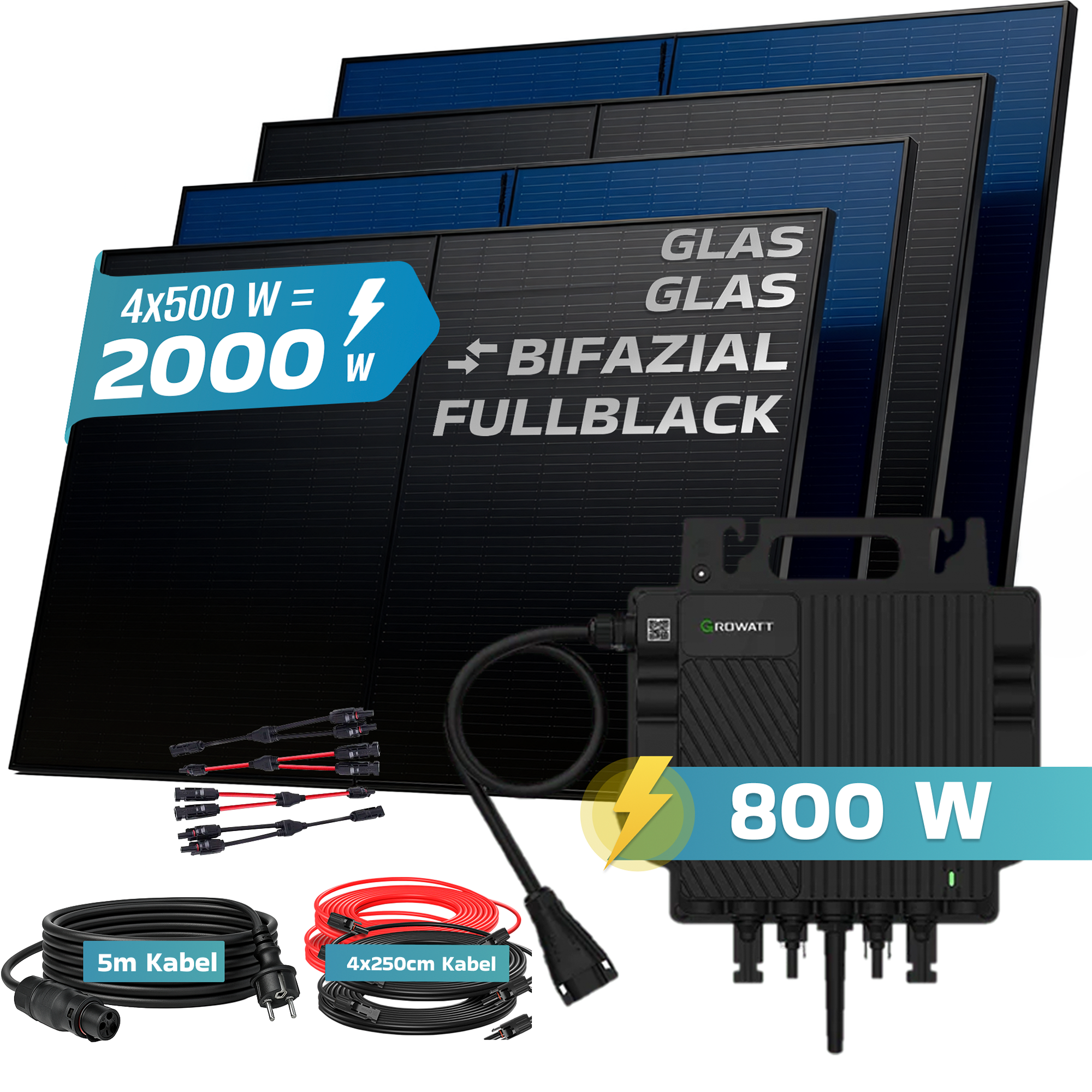 Solarmodule, Wechselrichter und Kabel. 4x500W = 2000W. 800W.