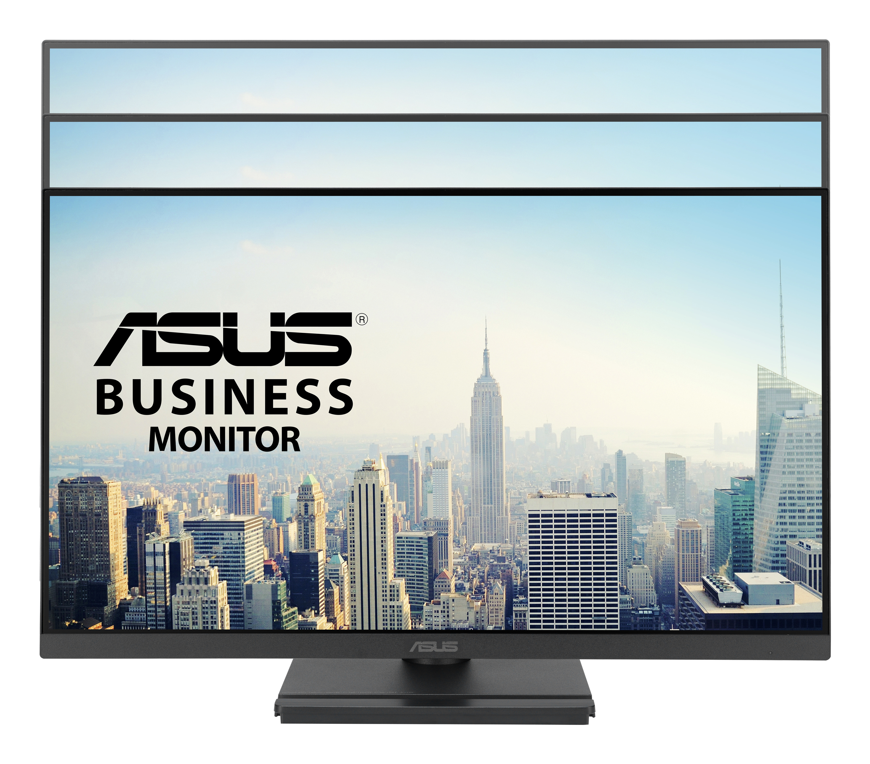 Logo ASUS Business Monitor nad panoramą Nowego Jorku.