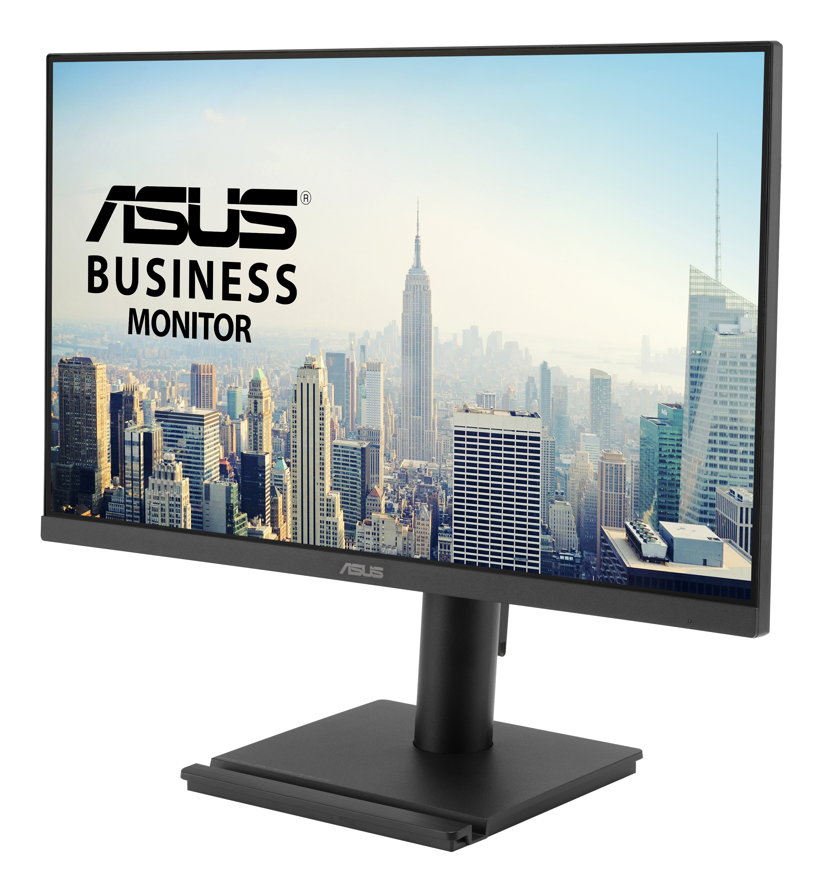 Czarny monitor ASUS z napisem 'ASUS BUSINESS MONITOR' na tle panoramy miasta.
