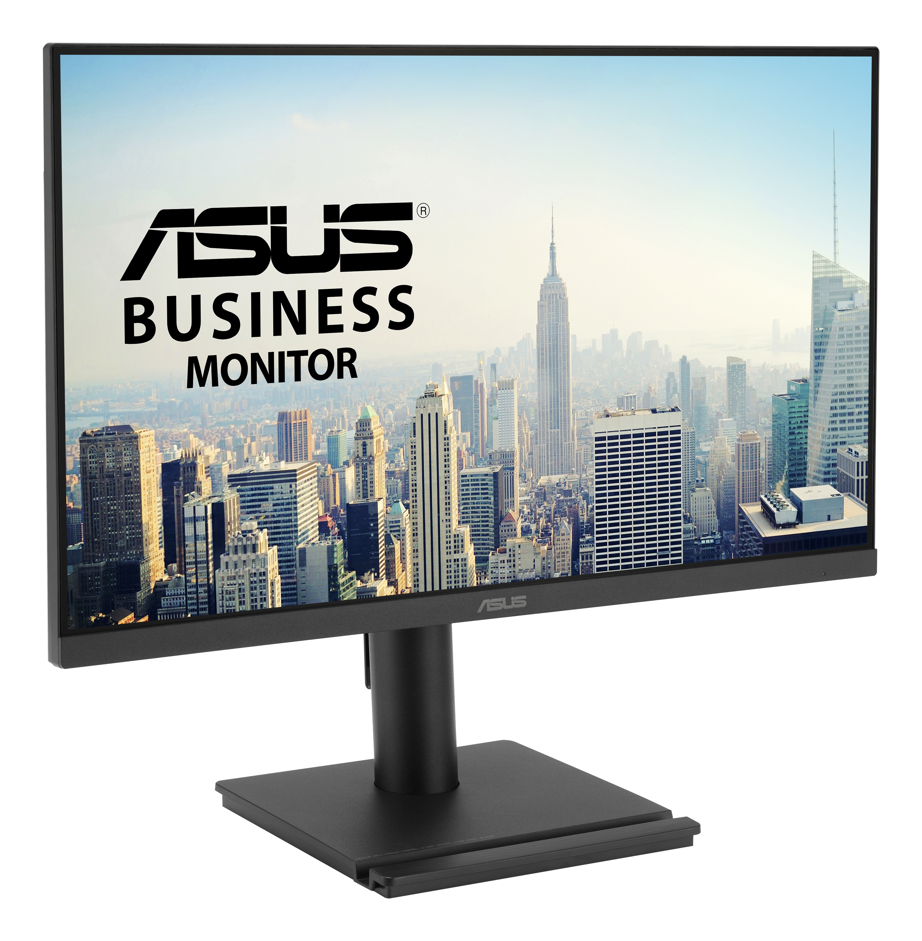 Monitor wyświetla panoramę Nowego Jorku z logo ASUS.