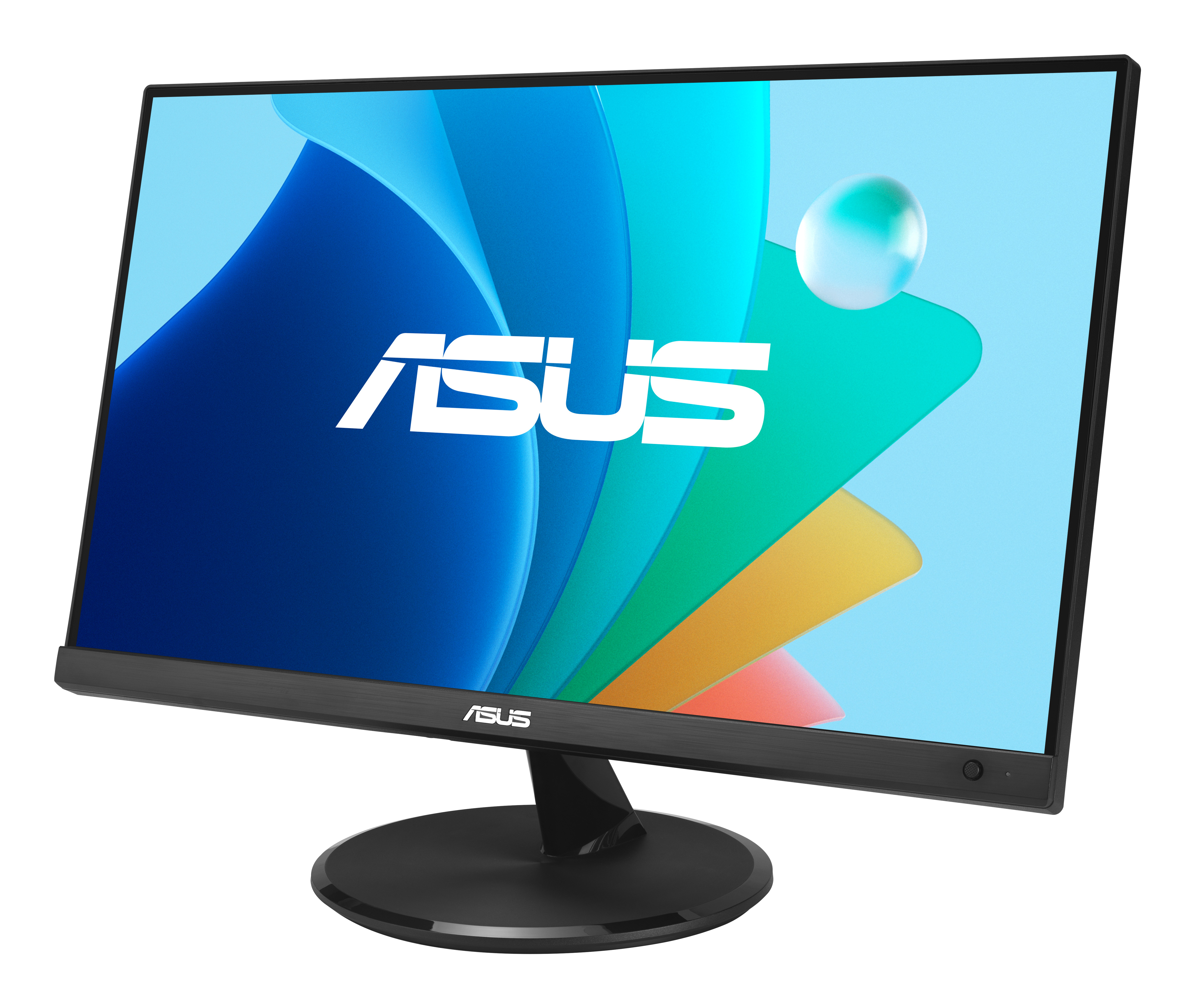 Czarny monitor ASUS z abstrakcyjnym tłem i logo ASUS.