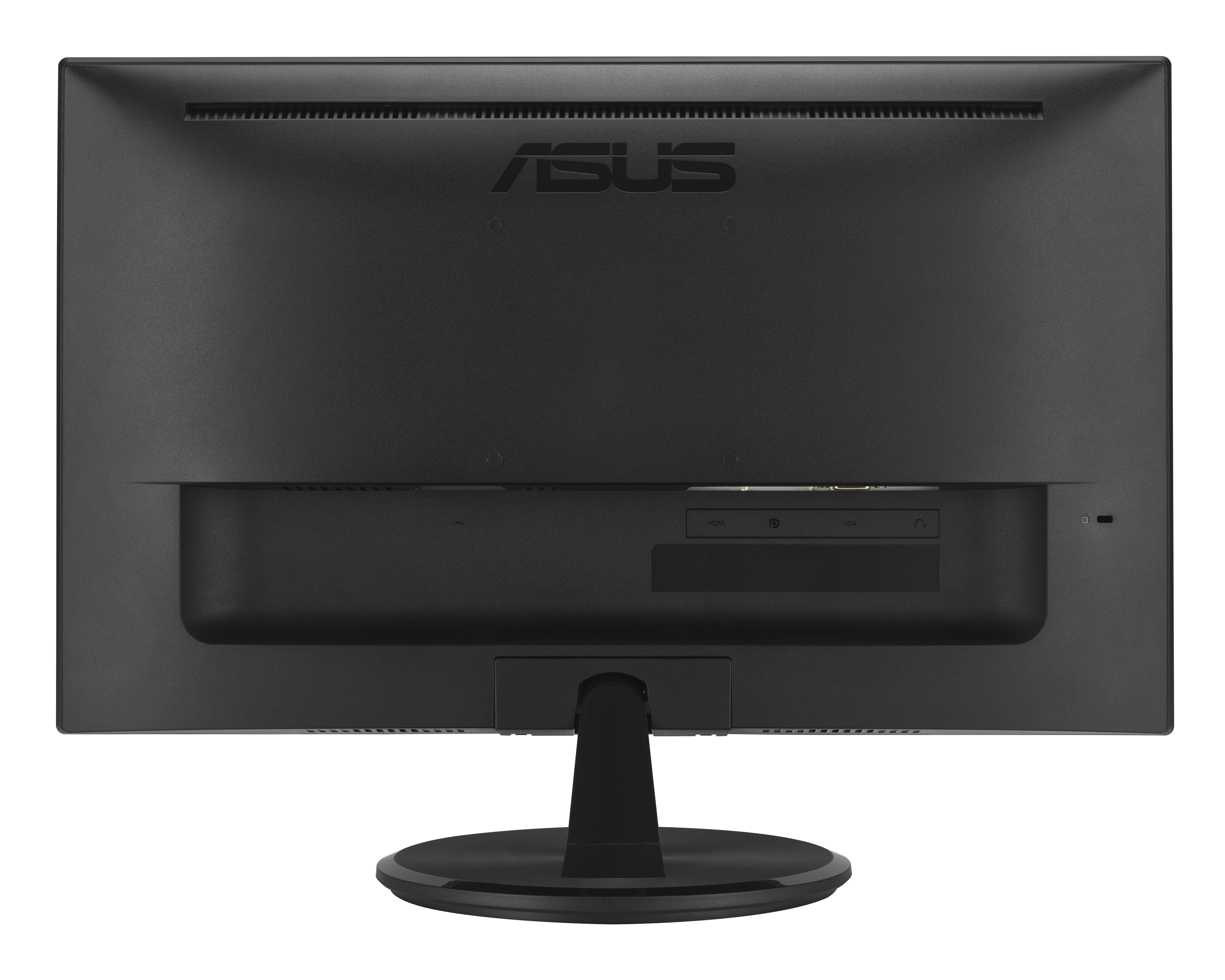 Tył czarnego monitora ASUS z portami i podstawką. Minimalistyczny design.