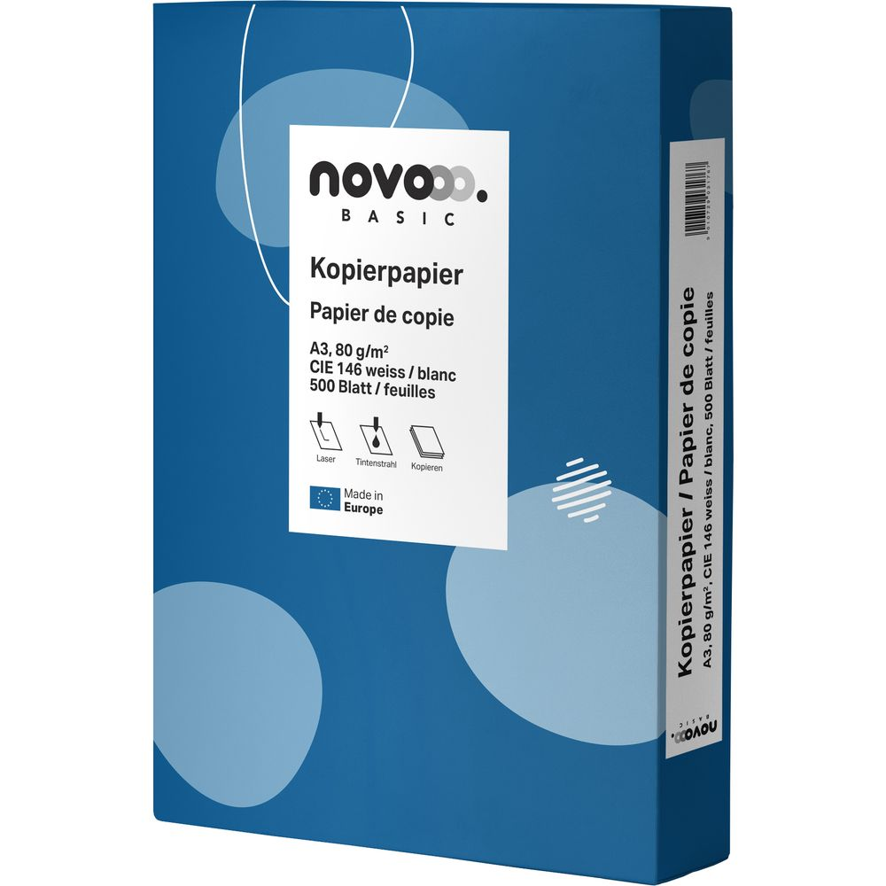 Blauer Karton mit Aufdruck: Novo Kopierpapier, A3, 80 g/m², 500 Blatt.
