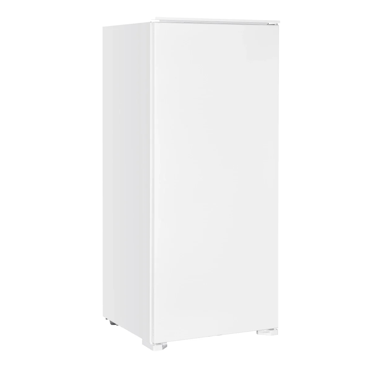 Ein weißer Kühlschrank steht auf vier kleinen Füßen.