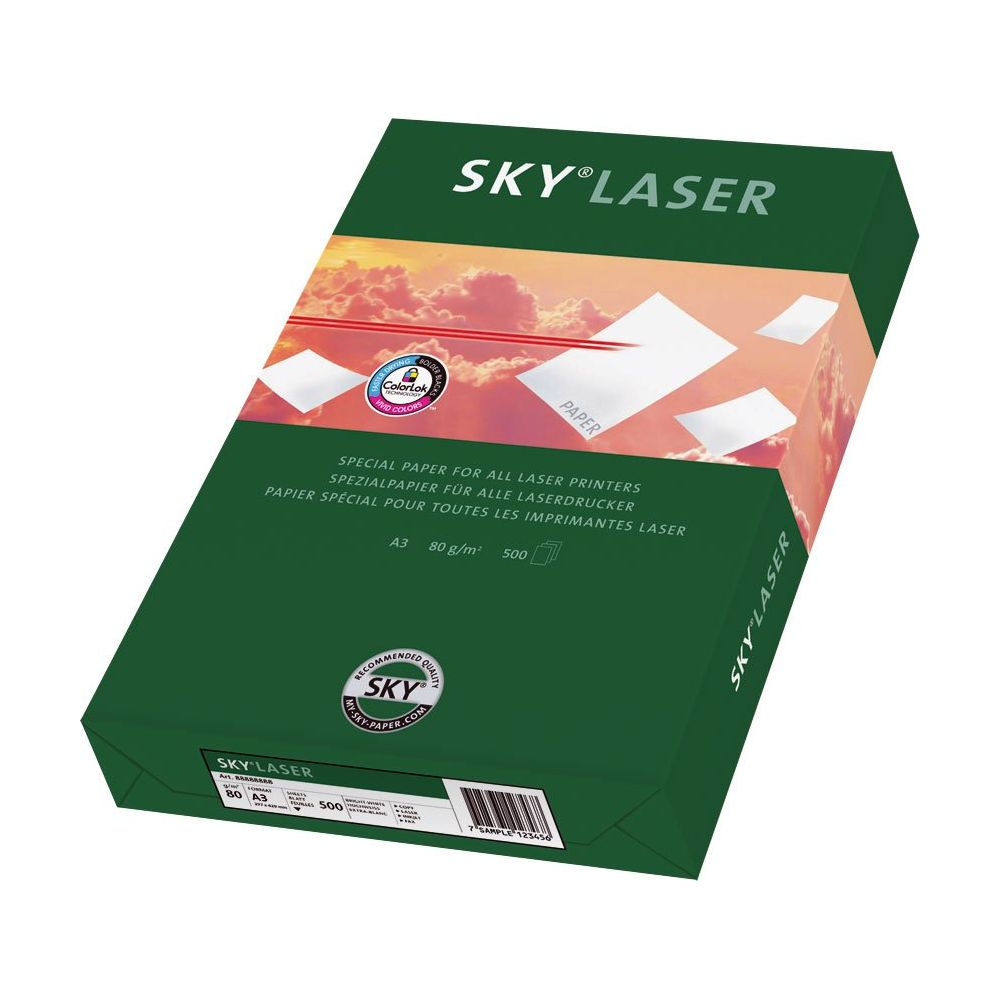 Eine Packung SKY LASER Papier mit dem Aufdruck 'SPECIAL PAPER FOR ALL LASER PRINTERS'.