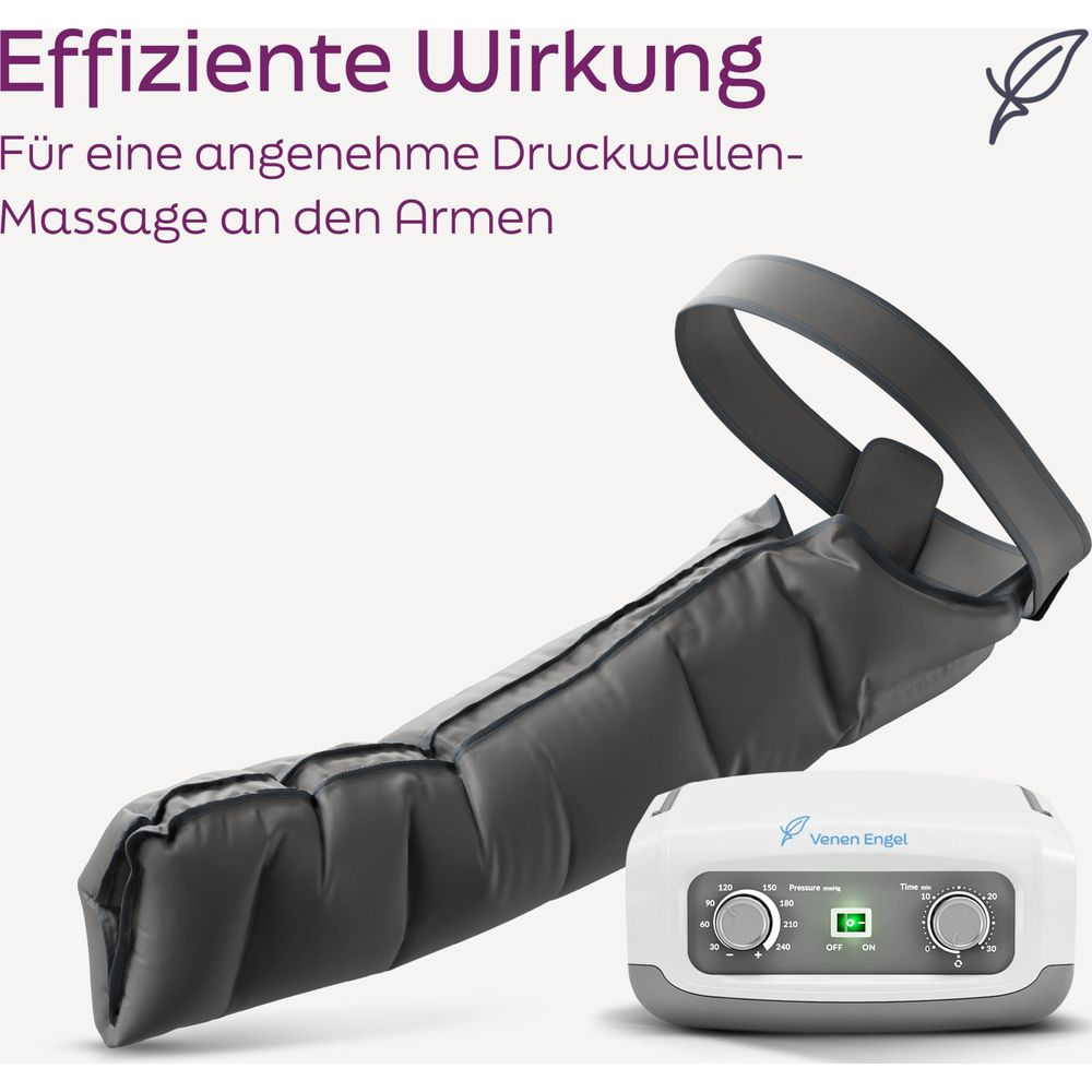 Ein Arm-Massagegerät mit Bedieneinheit zeigt eine sanfte Kompressionstherapie an.