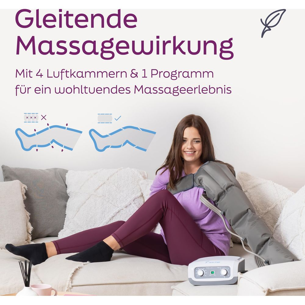 Frau mit Massagegerät für die Beine, das eine Kompressionsmassage durchführt.