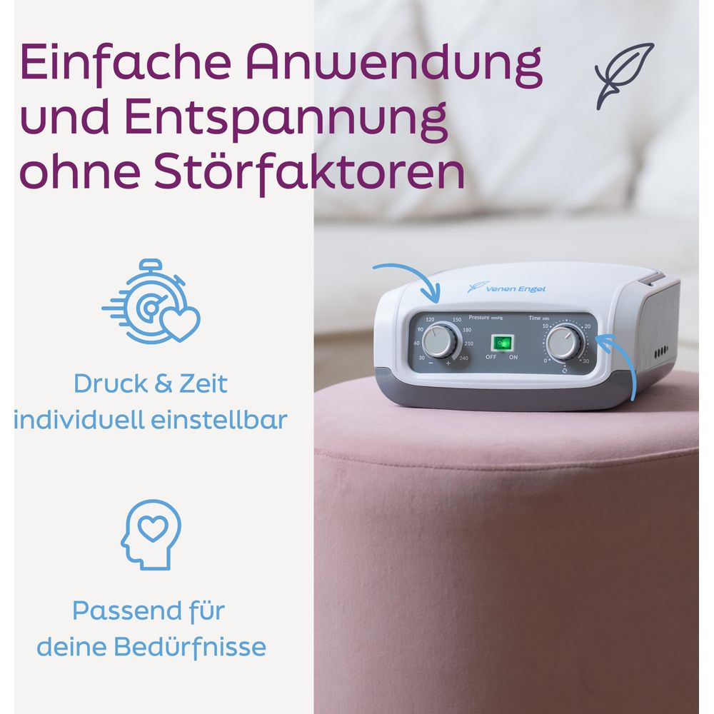 Ein Venen Engel Gerät mit Druck- und Zeiteinstellung auf einem rosa Hocker.