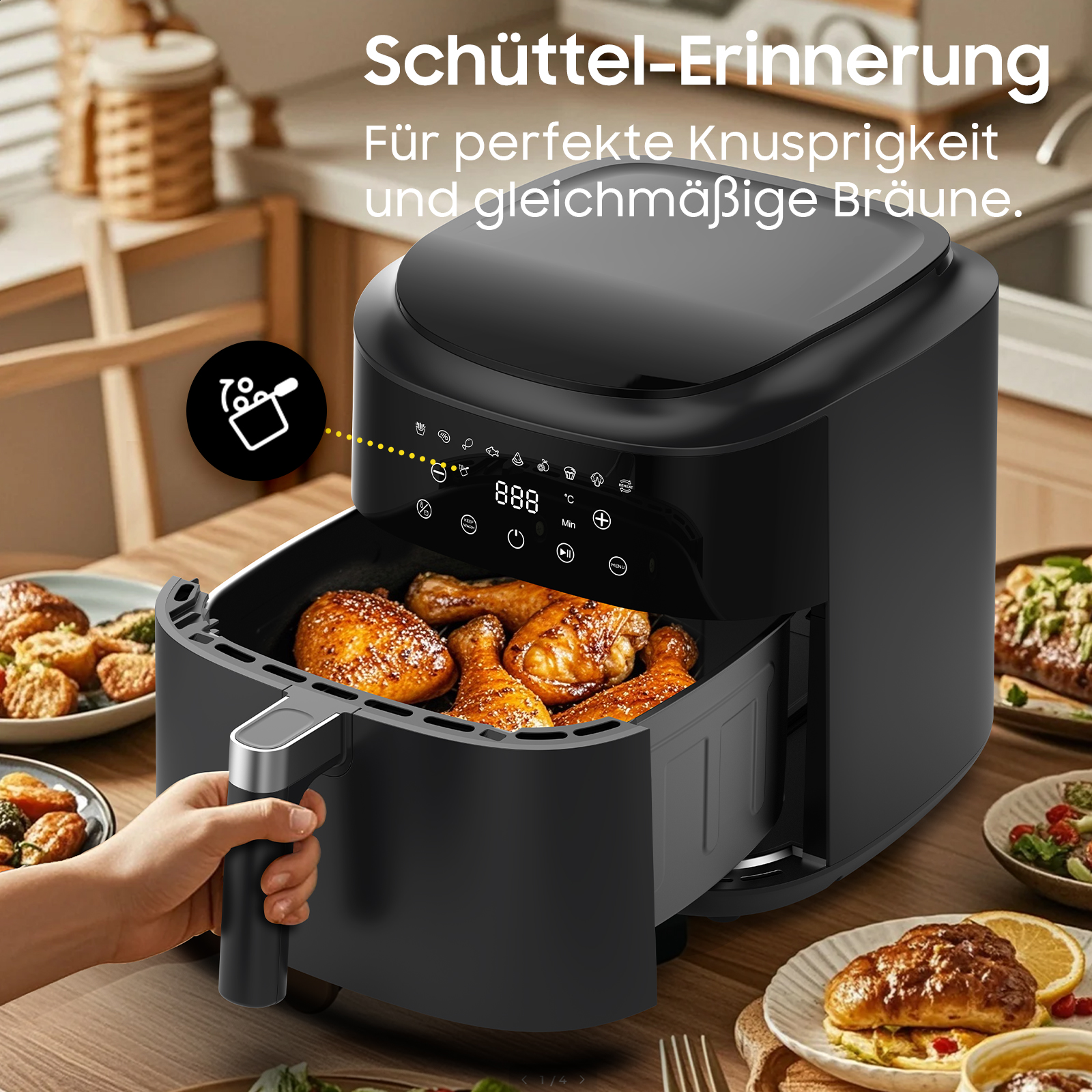 Schwarze Heißluftfritteuse mit gebratenen Hähnchenschenkeln und einem Korb.
