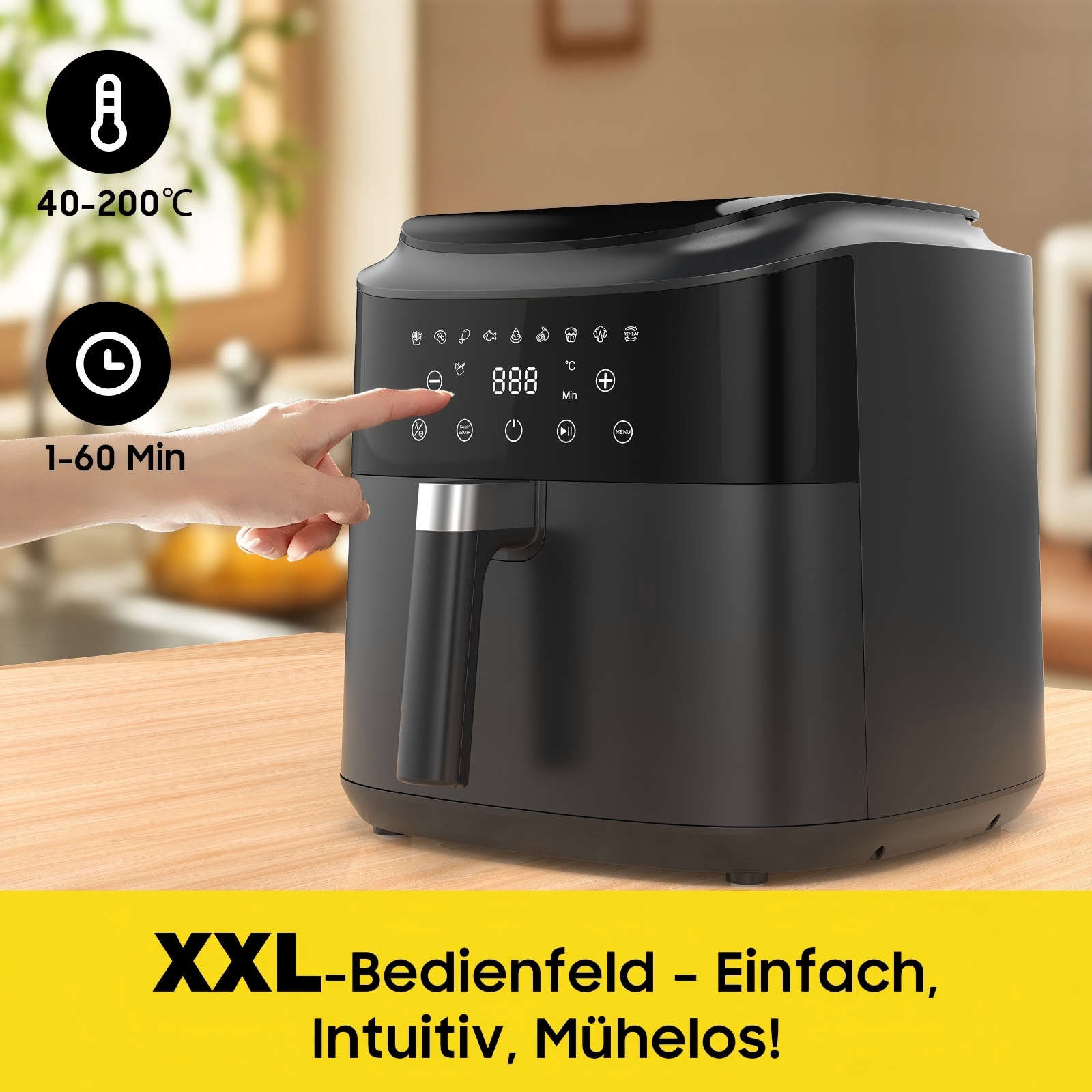 Eine Hand bedient ein schwarzes Heißluftfritteusen-Bedienfeld mit Temperatur- und Zeitangaben.