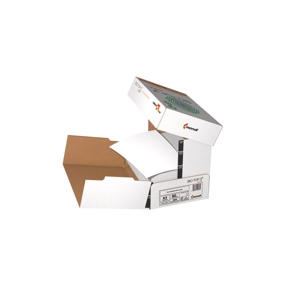Drei Schachteln mit weißem Papier, eine offen, mit Aufdruck 'Mondi Bio Top 3'.