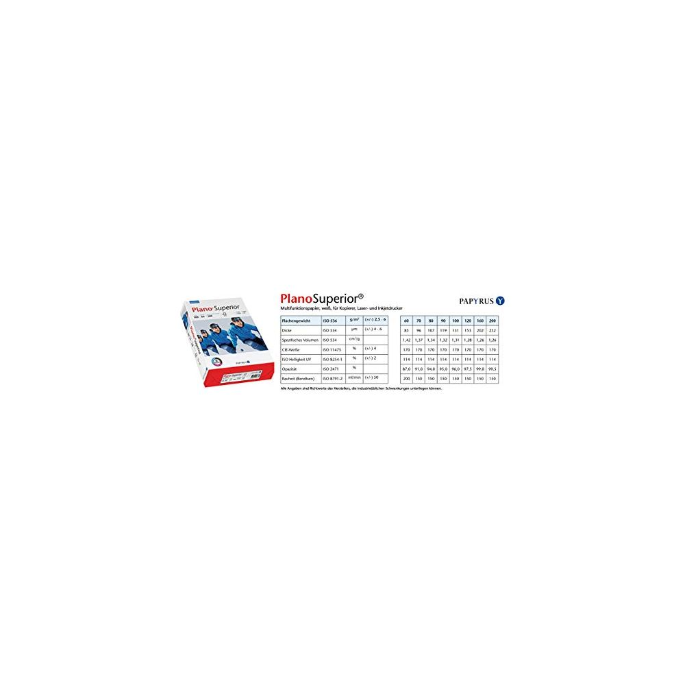 Packung Plano Superior Multifunktionspapier mit technischer Spezifikationstabelle.