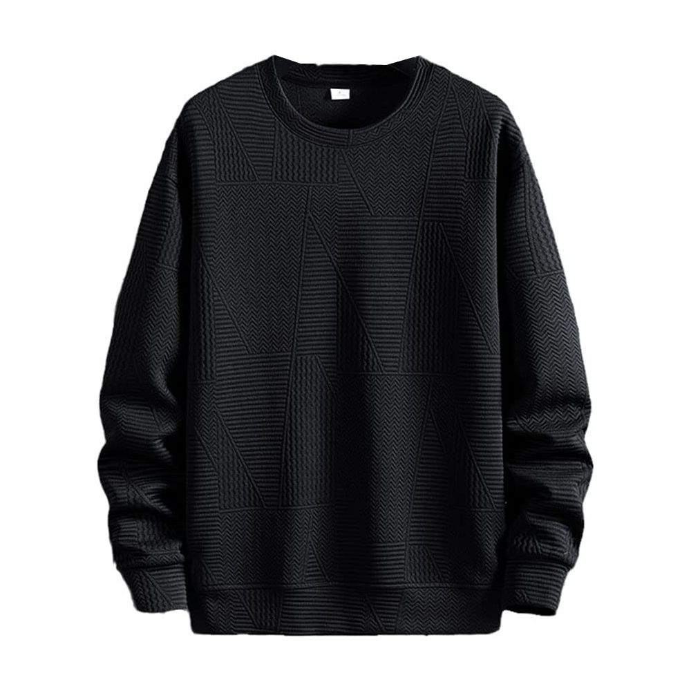Schwarzer Pullover mit geometrischem Muster und langen Ärmeln.