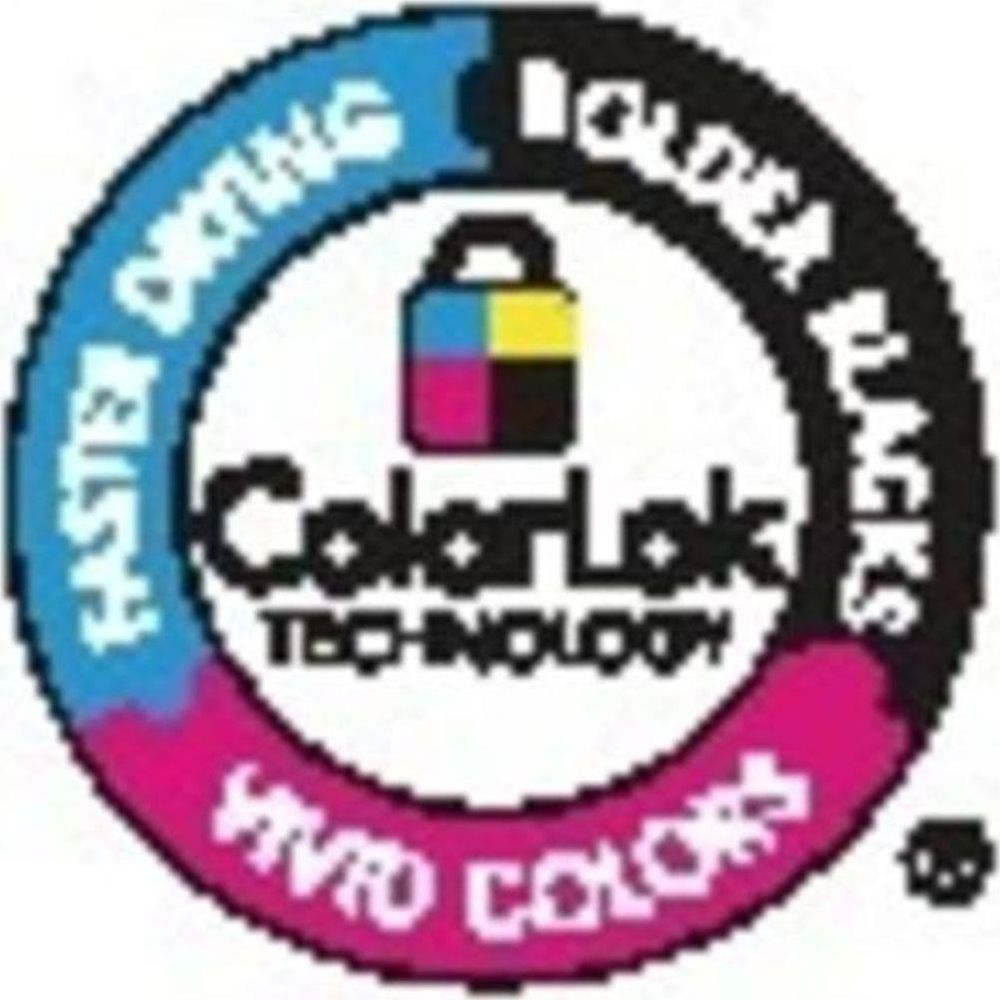 ColorLok Logo: "Faster Drying", "Bolder Blacks", "Vivid Colors" mit Schloss-Symbol.
