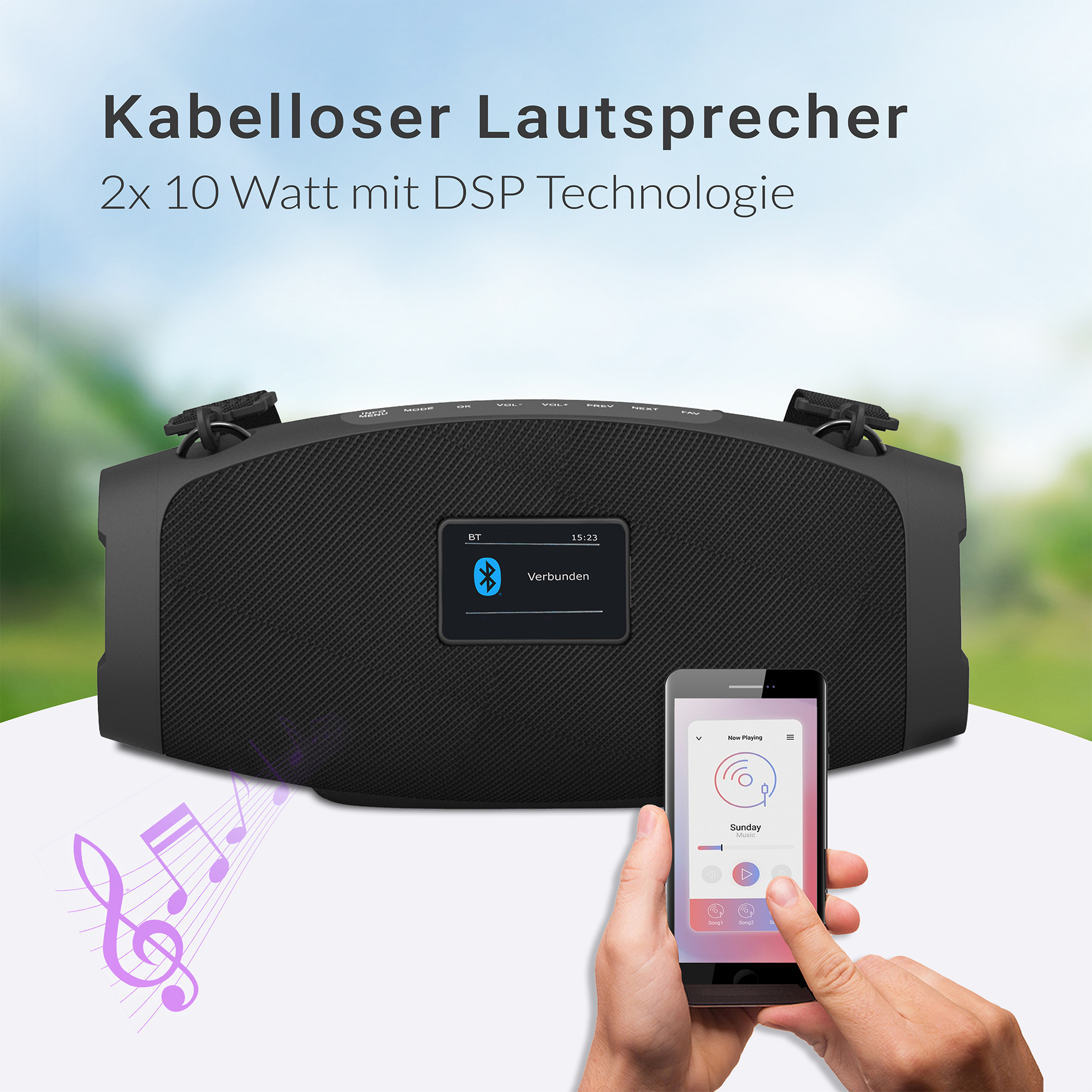 Schwarzer Bluetooth-Lautsprecher mit Smartphone-Steuerung, Musiknoten.