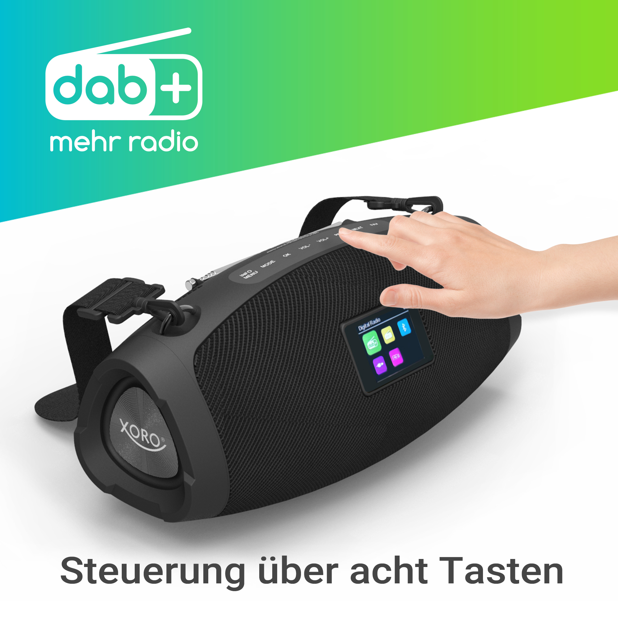Ein schwarzer DAB+ Radio-Lautsprecher mit einem Display und acht Tasten.