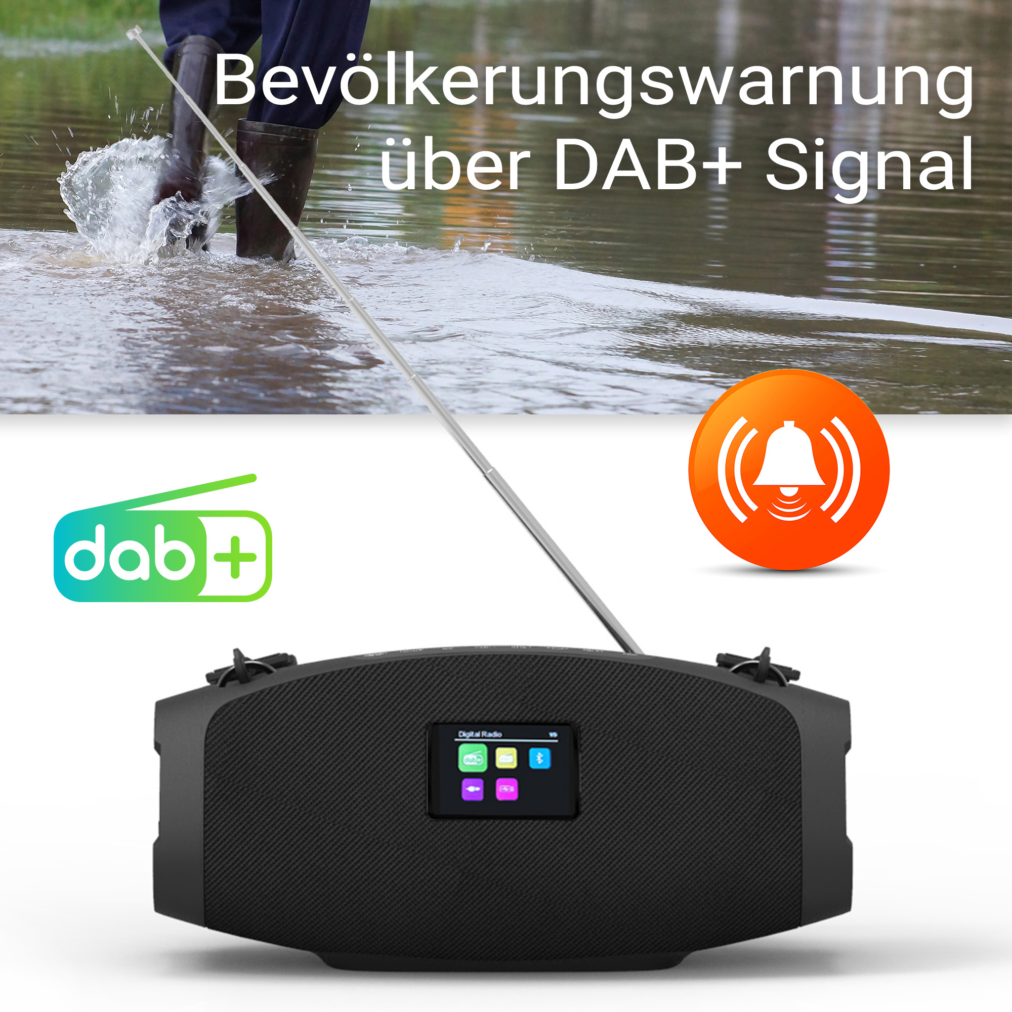 Person in Gummistiefeln watet durch Hochwasser. DAB+ Radio mit Warnsymbol.
