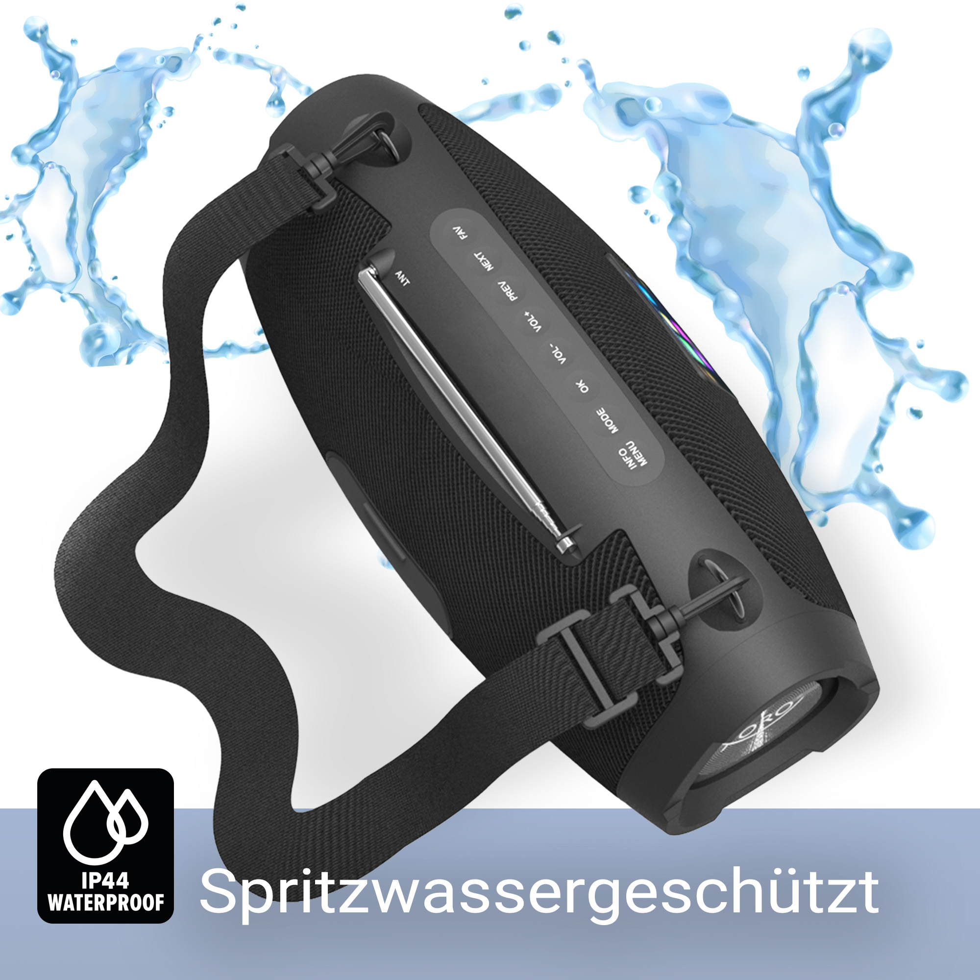 Schwarzer wasserdichter Lautsprecher mit angebrachtem Tragegurt und Wasserspritzern.