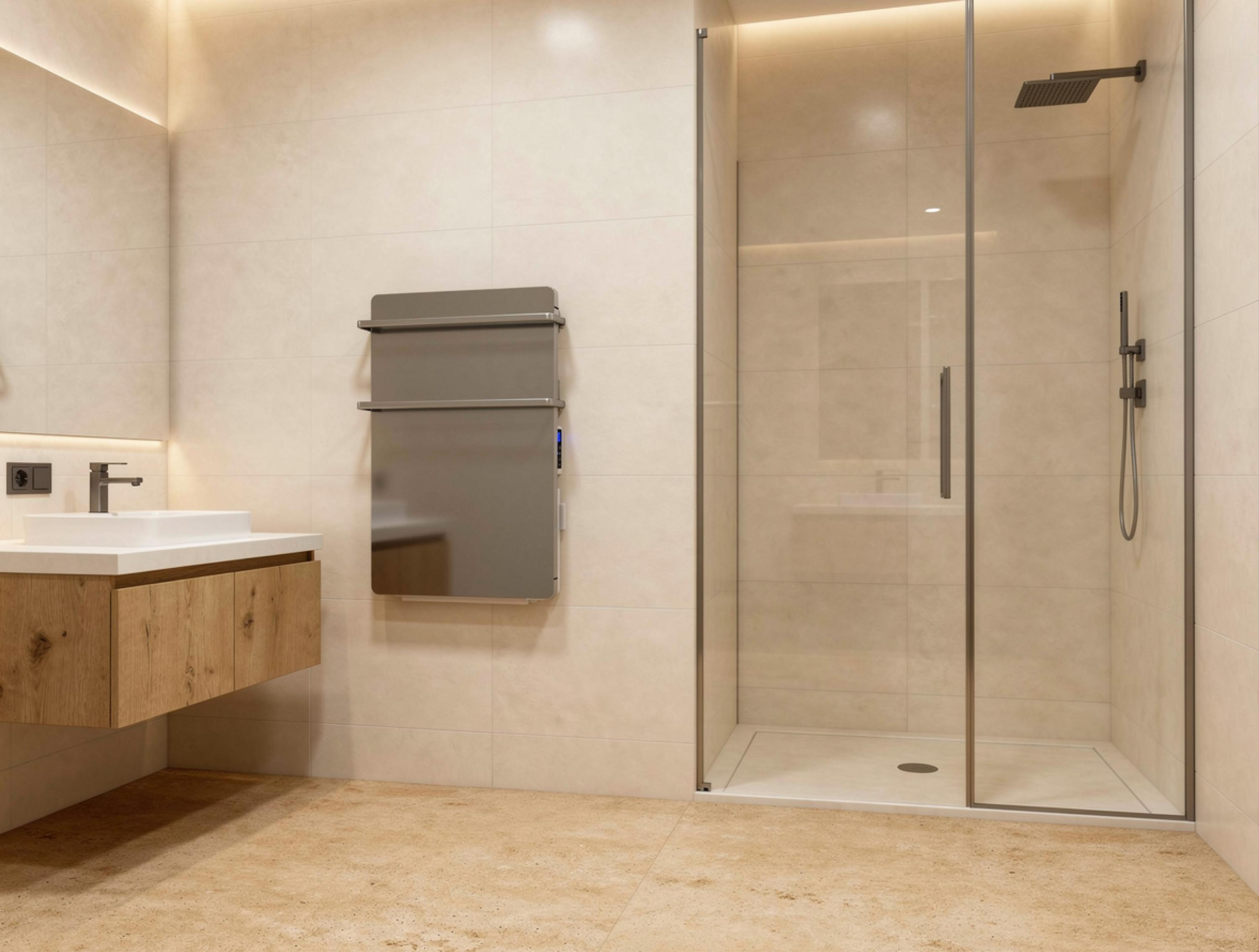 Baño moderno con lavabo, ducha y toallero.