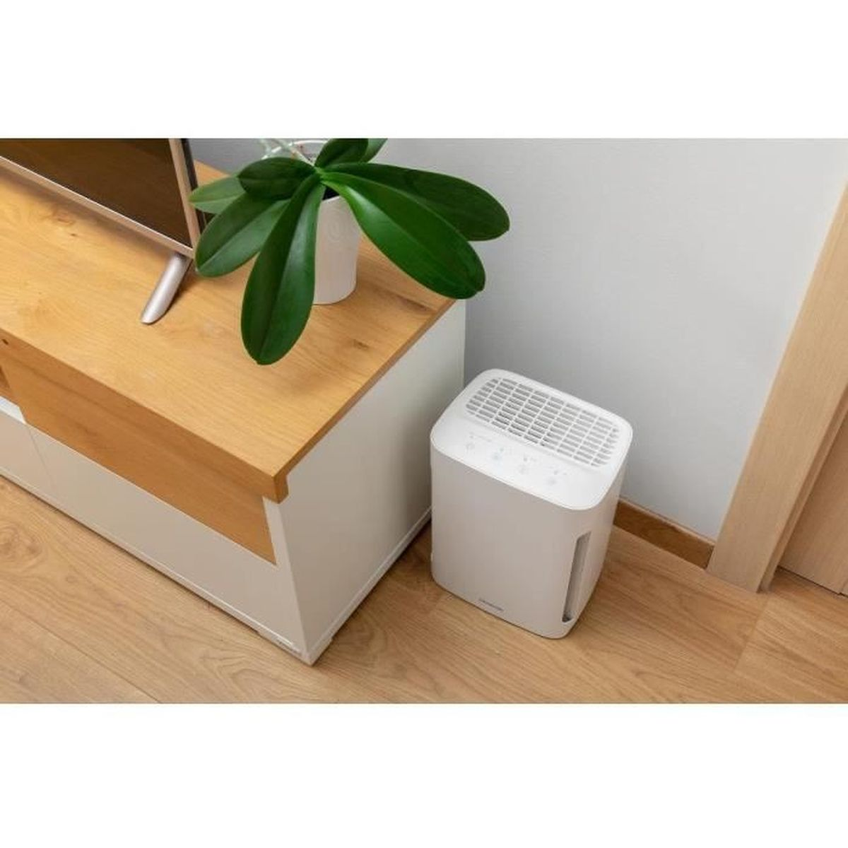 Deumidificatore bianco accanto a mobile in legno con pianta e TV.