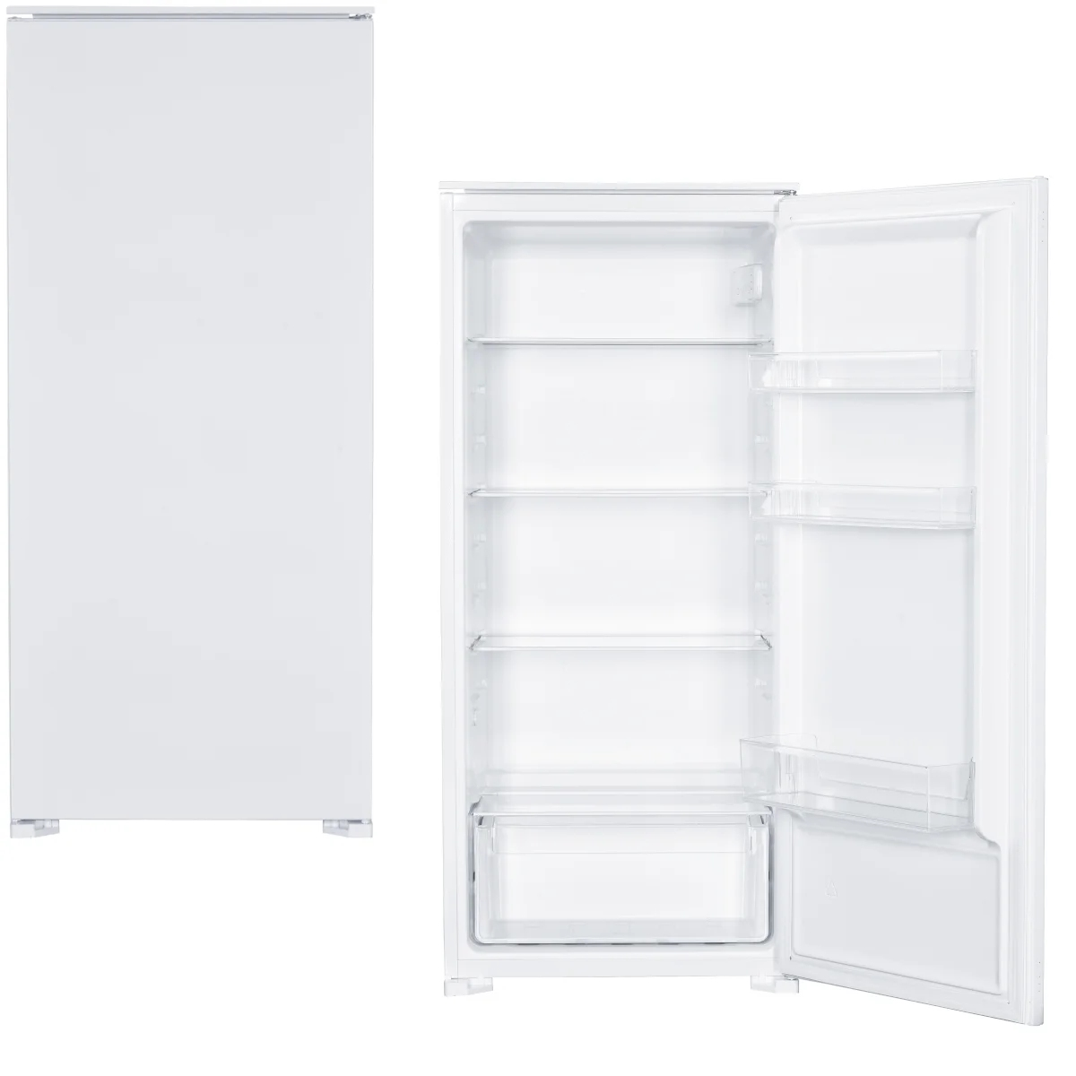 Ein weißer Kühlschrank mit geschlossener Tür links und offener Tür rechts.
