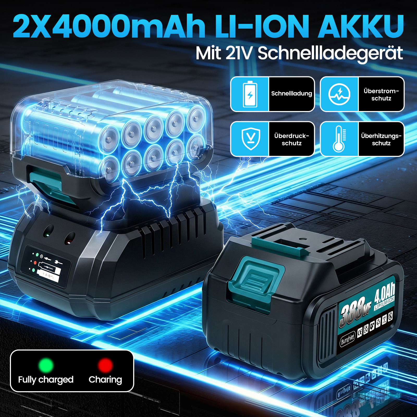 2X4000mAh Li-Ion Akku mit Schnellladegerät, Ladeanzeigen und Schutzfunktionen.