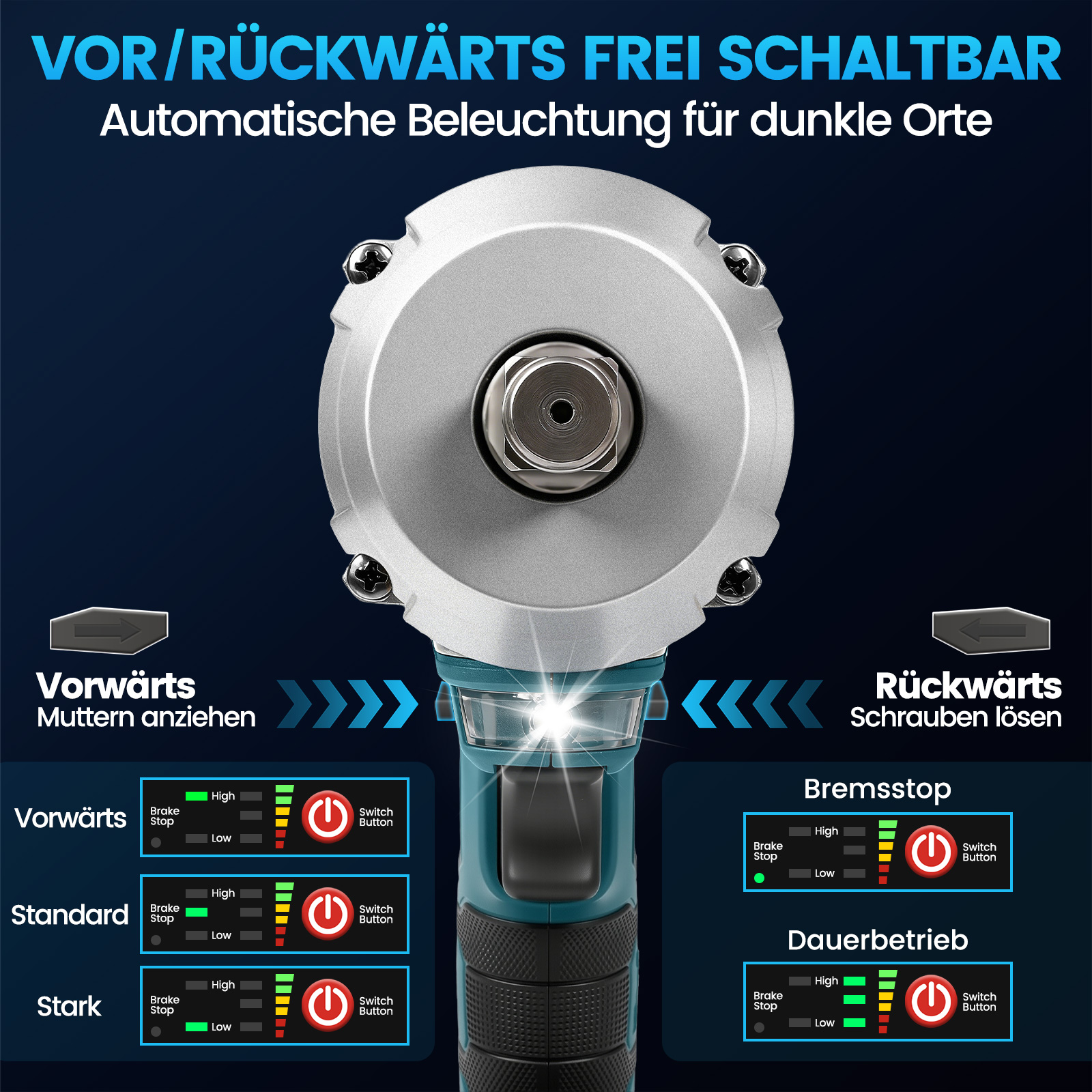 Ein Akku-Schlagschrauber mit Vorwärts-/Rückwärtsfunktion und Beleuchtung.
