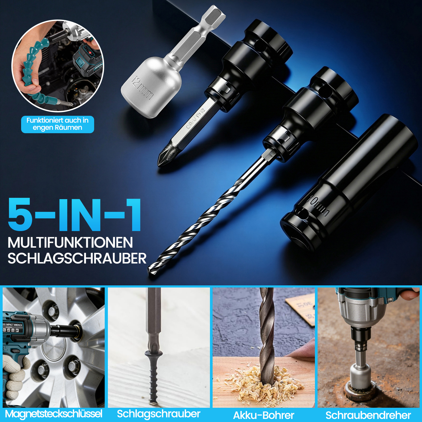 Werkzeugset mit Bohrer, Schraubaufsätzen und Stecknüssen in Nahaufnahme.