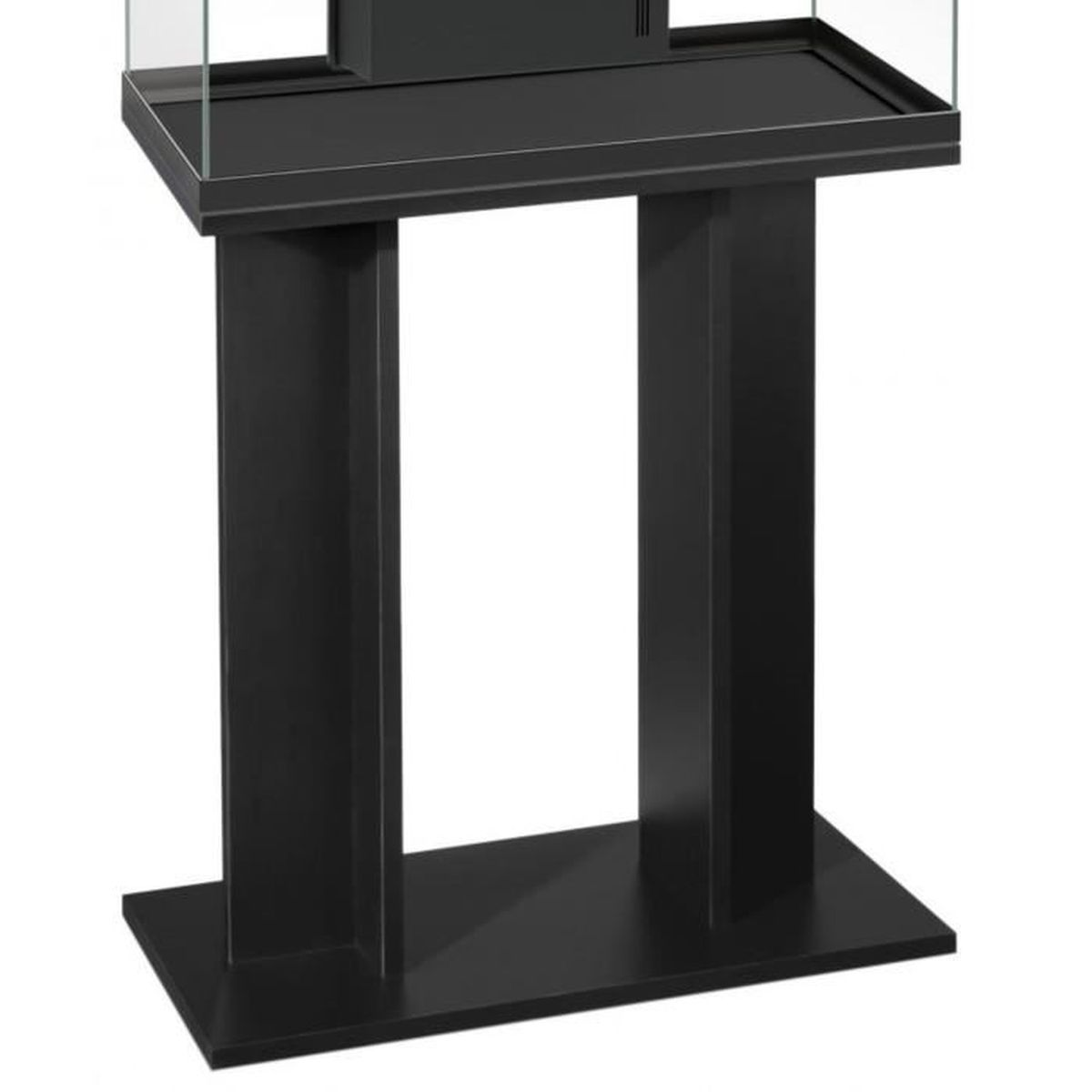 Ein schwarzer Aquarienunterschrank mit zwei breiten Säulen und einer Basis.