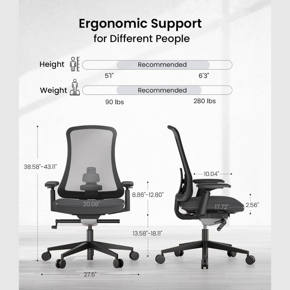 Ergonomic chair with dimensions and recommendations for height and weight.