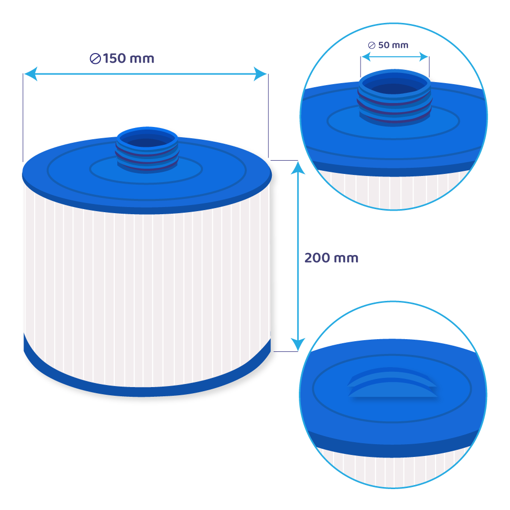 Filterelement: 150 mm breit, 200 mm hoch, 50 mm Öffnung.