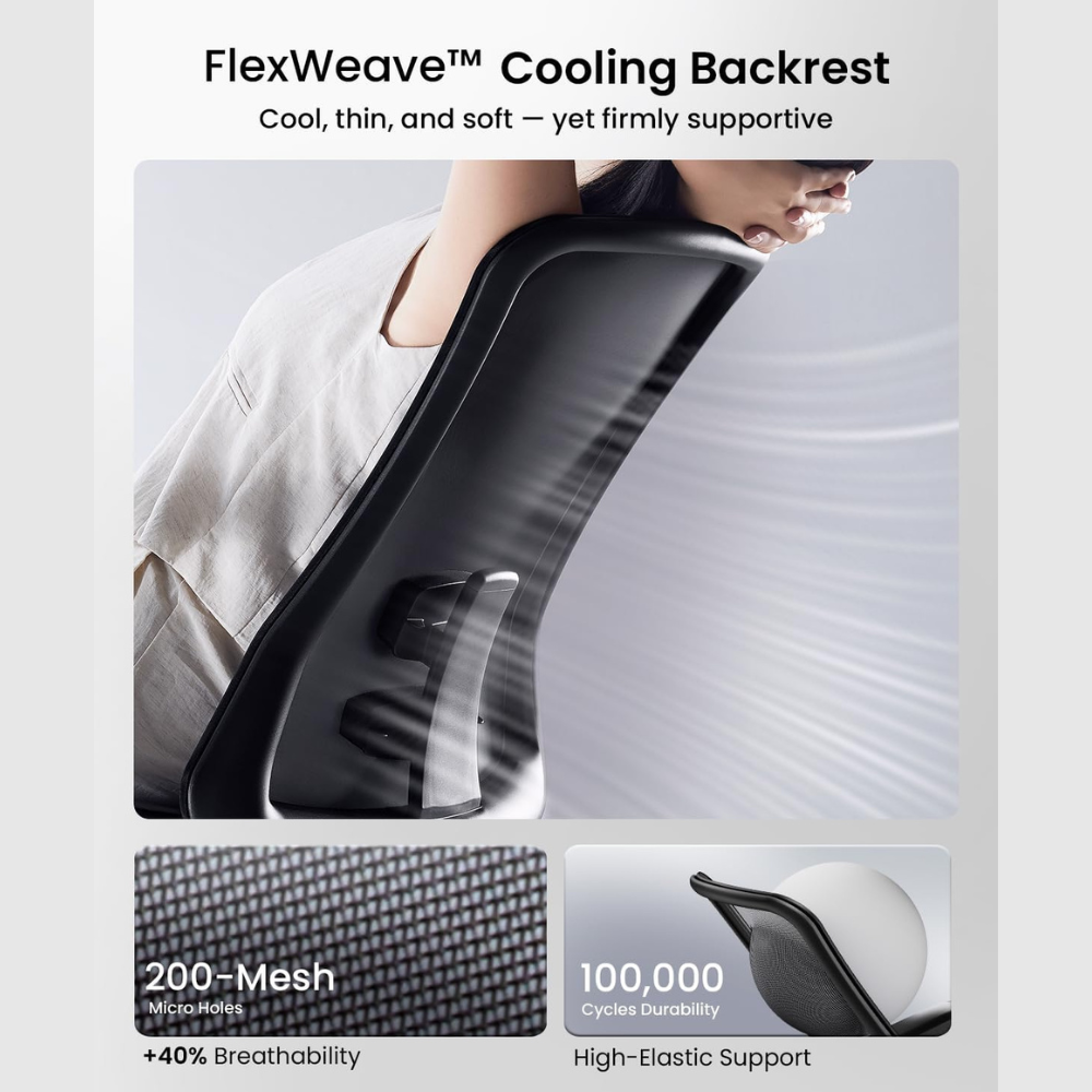 FlexWeave Cooling Backrest: Cool, thin, soft, supportive. 200-Mesh, +40% breathability.